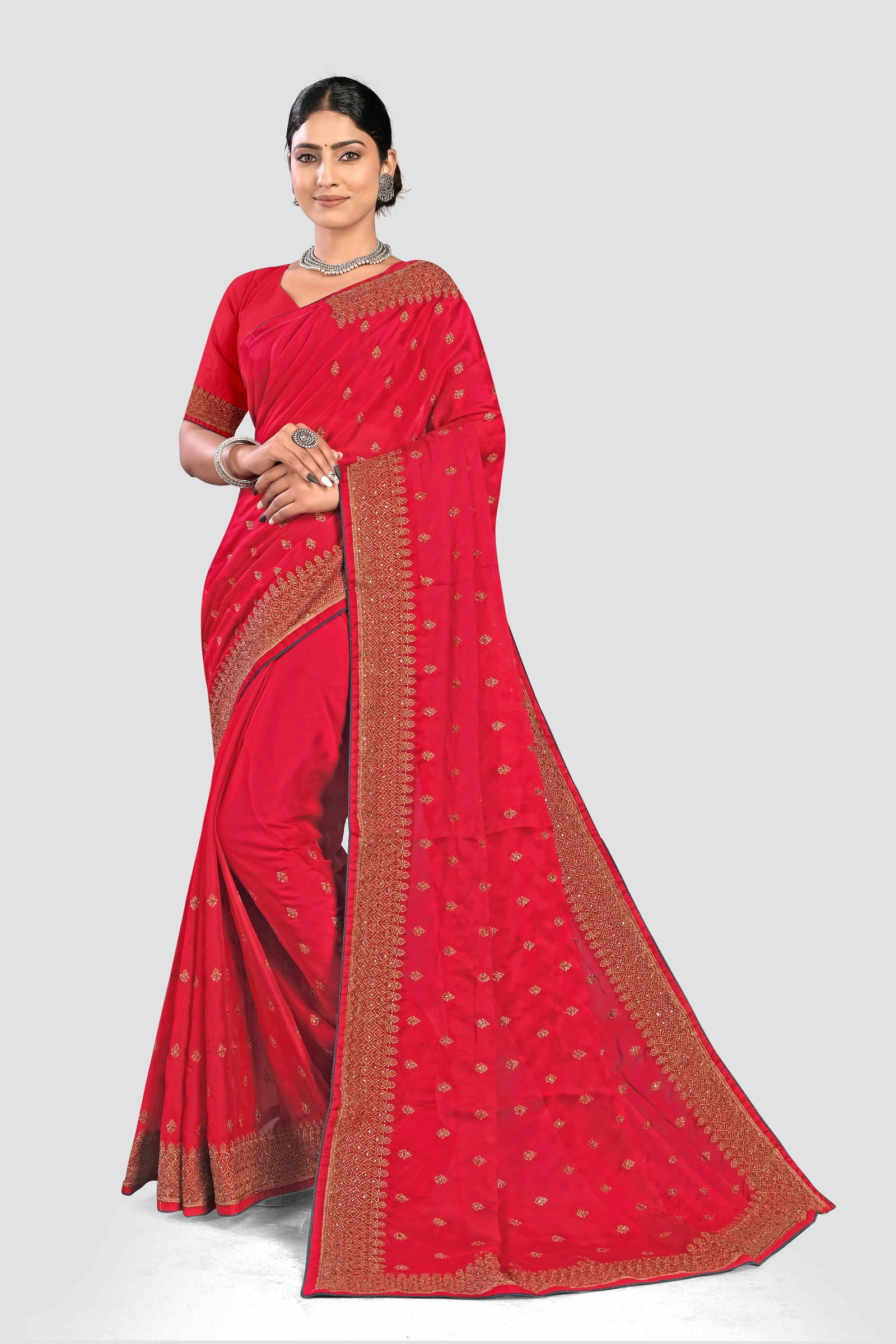 Red Stonework Georgette Saree - KAJREE