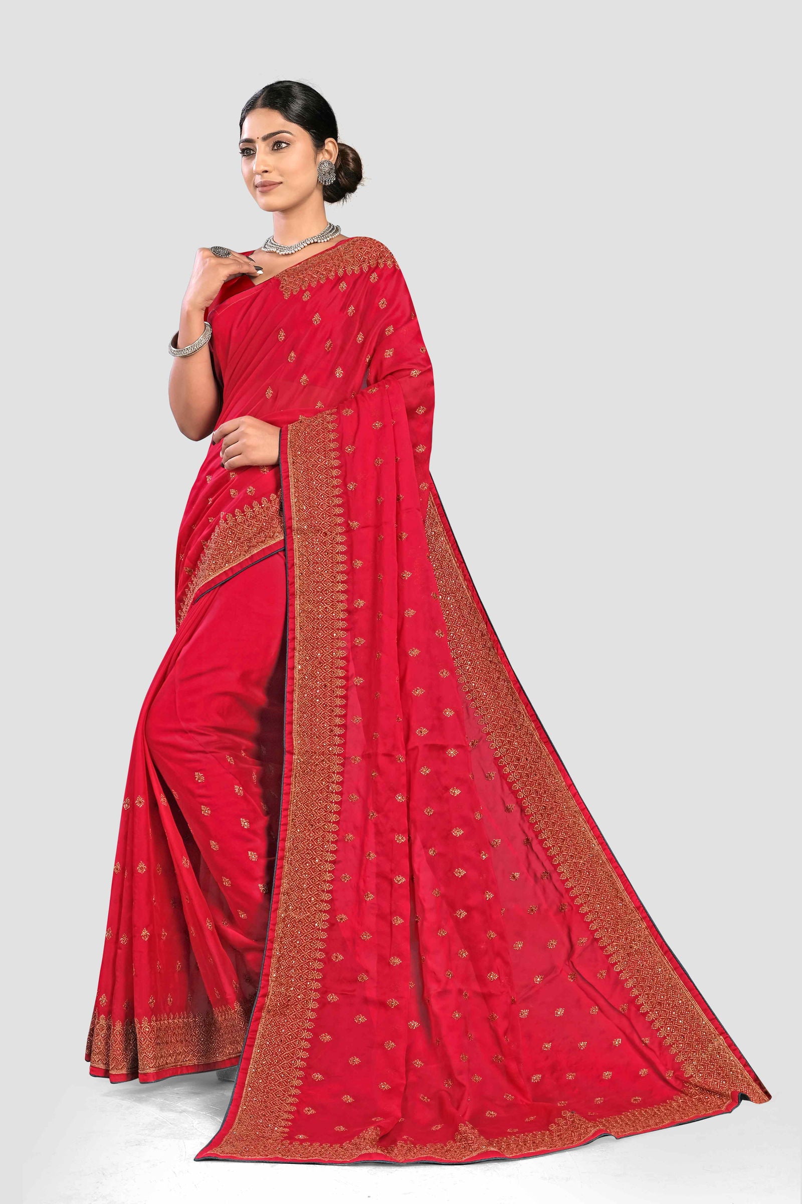 Red Stonework Georgette Saree - KAJREE