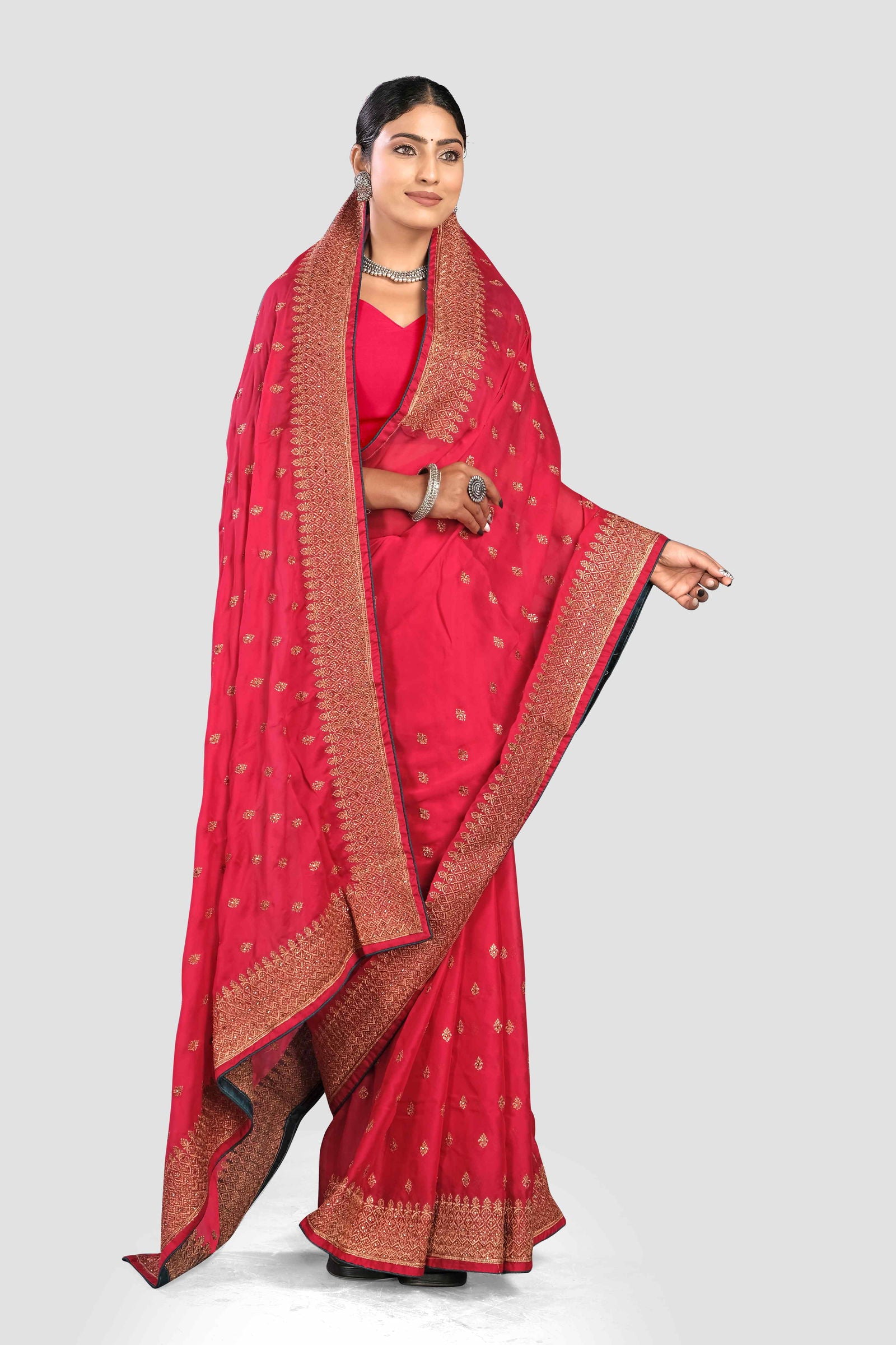 Red Stonework Georgette Saree - KAJREE