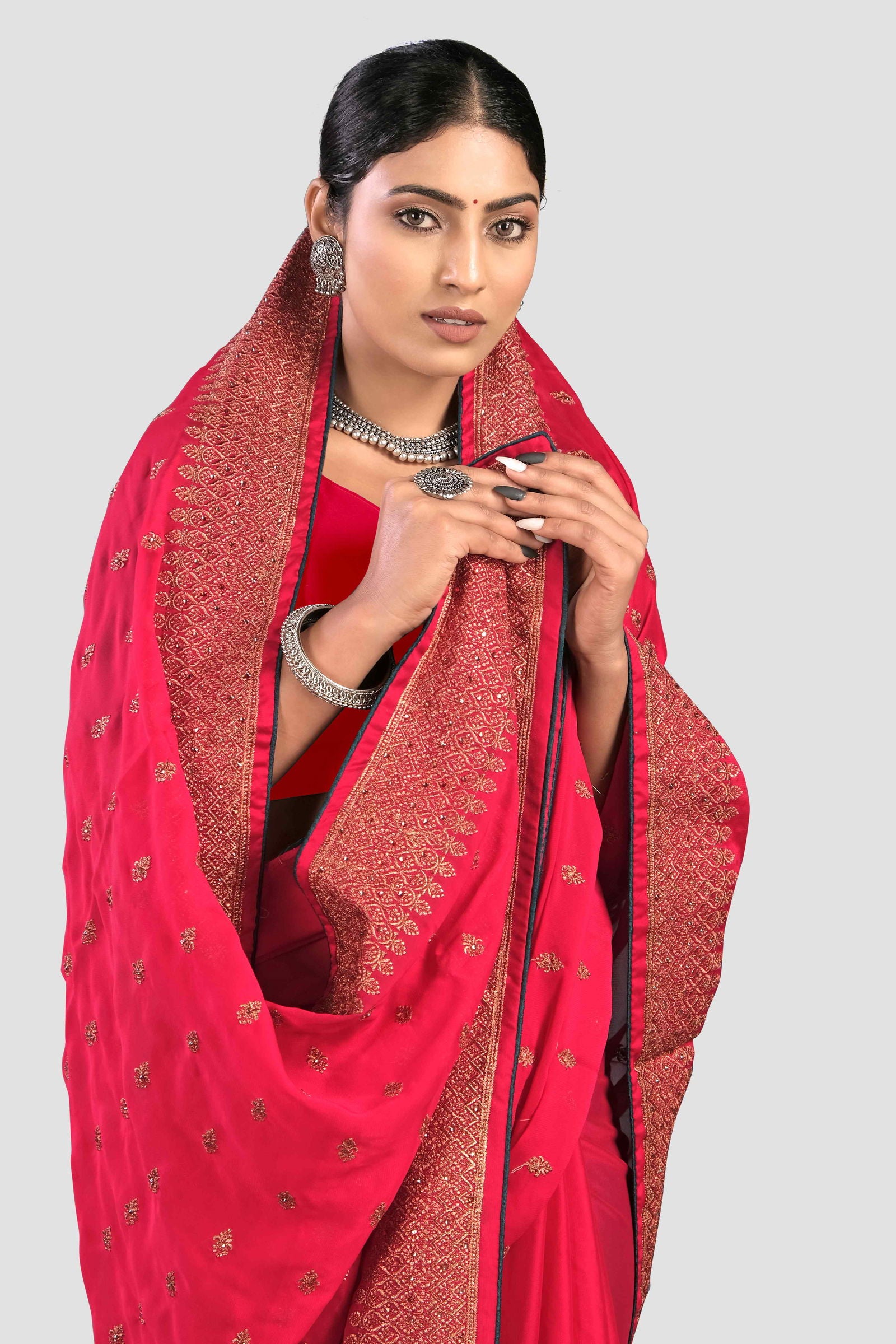 Red Stonework Georgette Saree - KAJREE