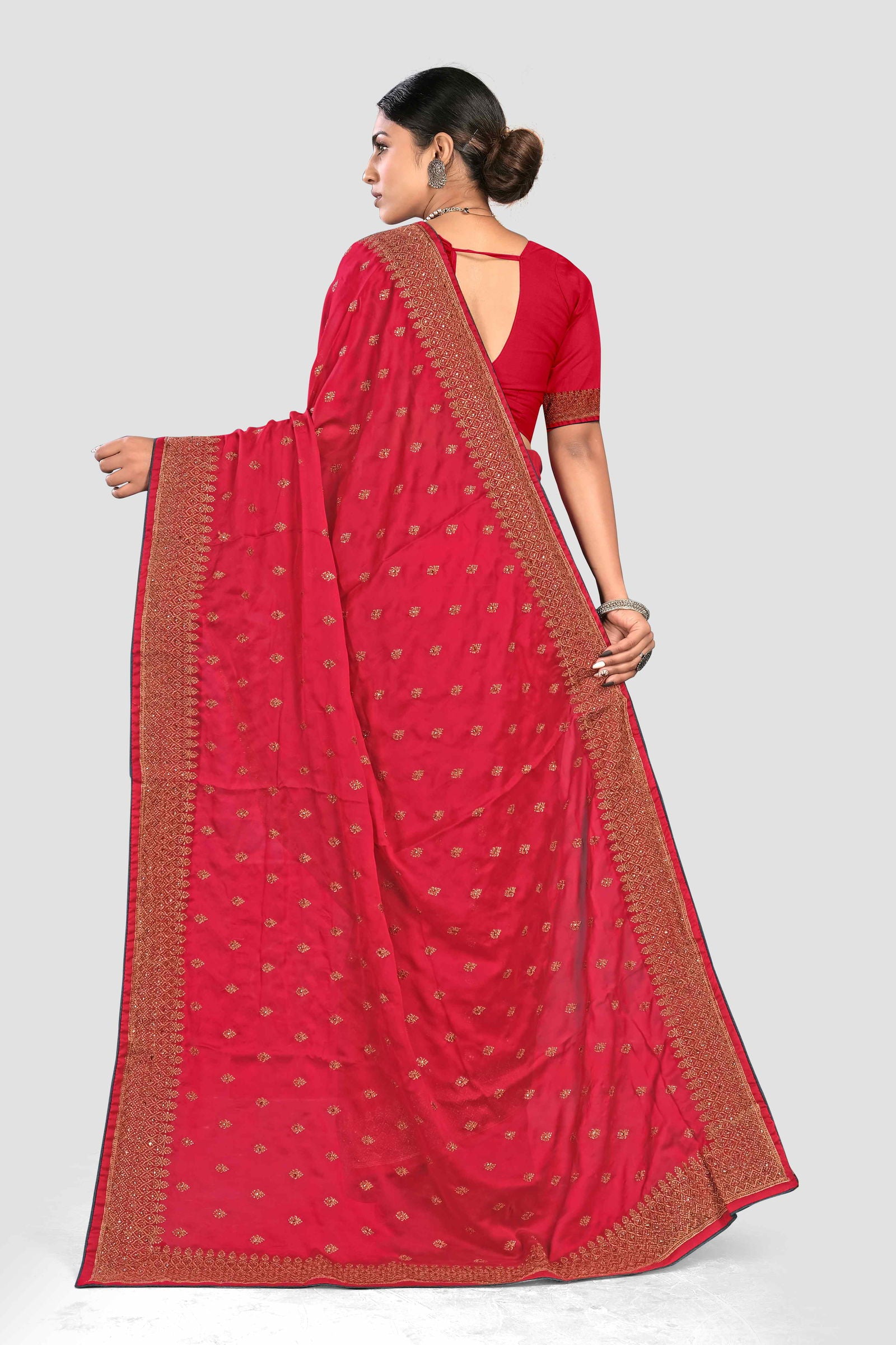 Red Stonework Georgette Saree - KAJREE
