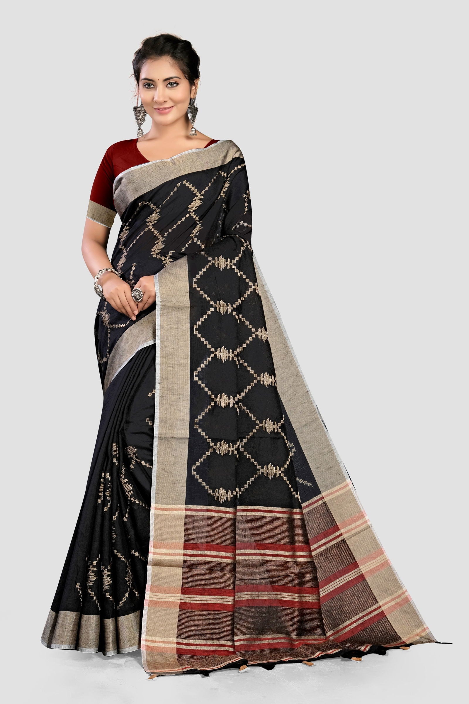 Black Thread and Zariwork Linen Saree - KAJREE