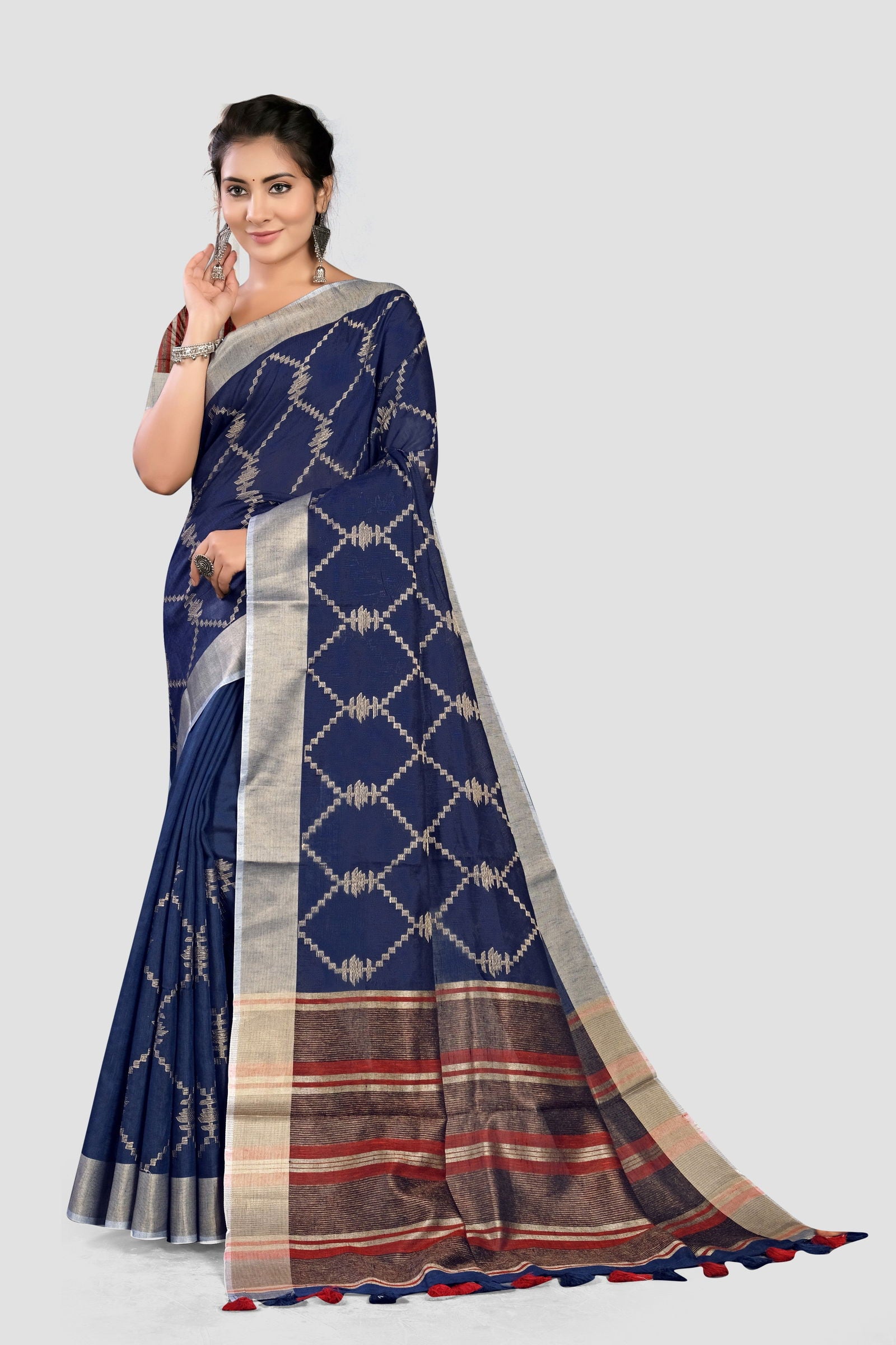 Blue Thread and Zariwork Linen Saree - KAJREE