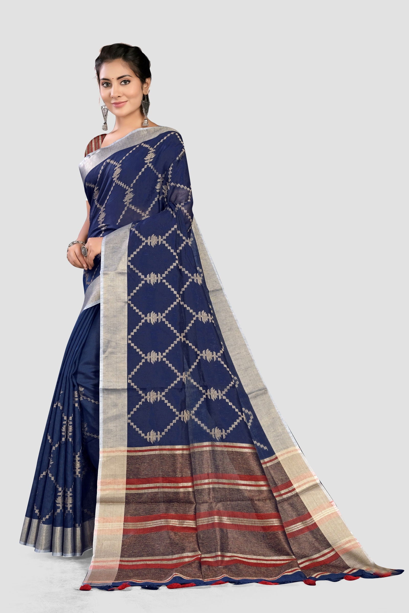 Blue Thread and Zariwork Linen Saree - KAJREE