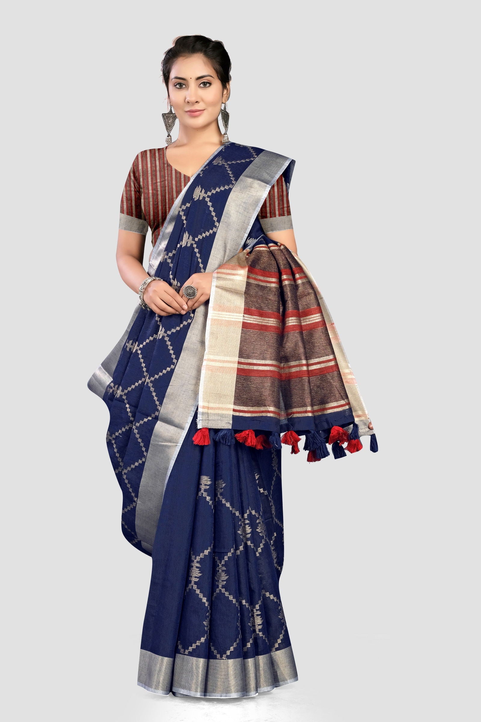 Blue Thread and Zariwork Linen Saree - KAJREE