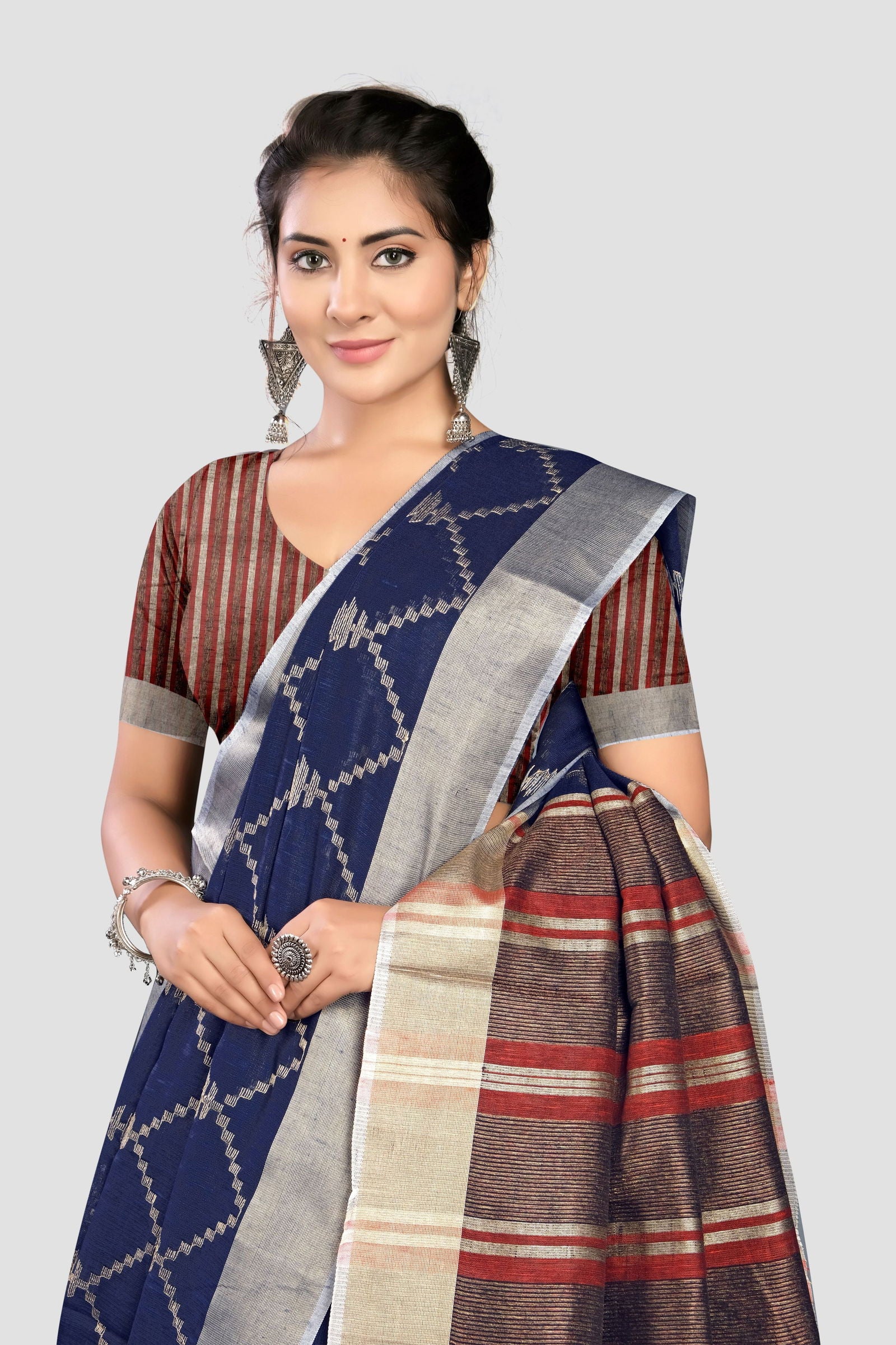 Blue Thread and Zariwork Linen Saree - KAJREE