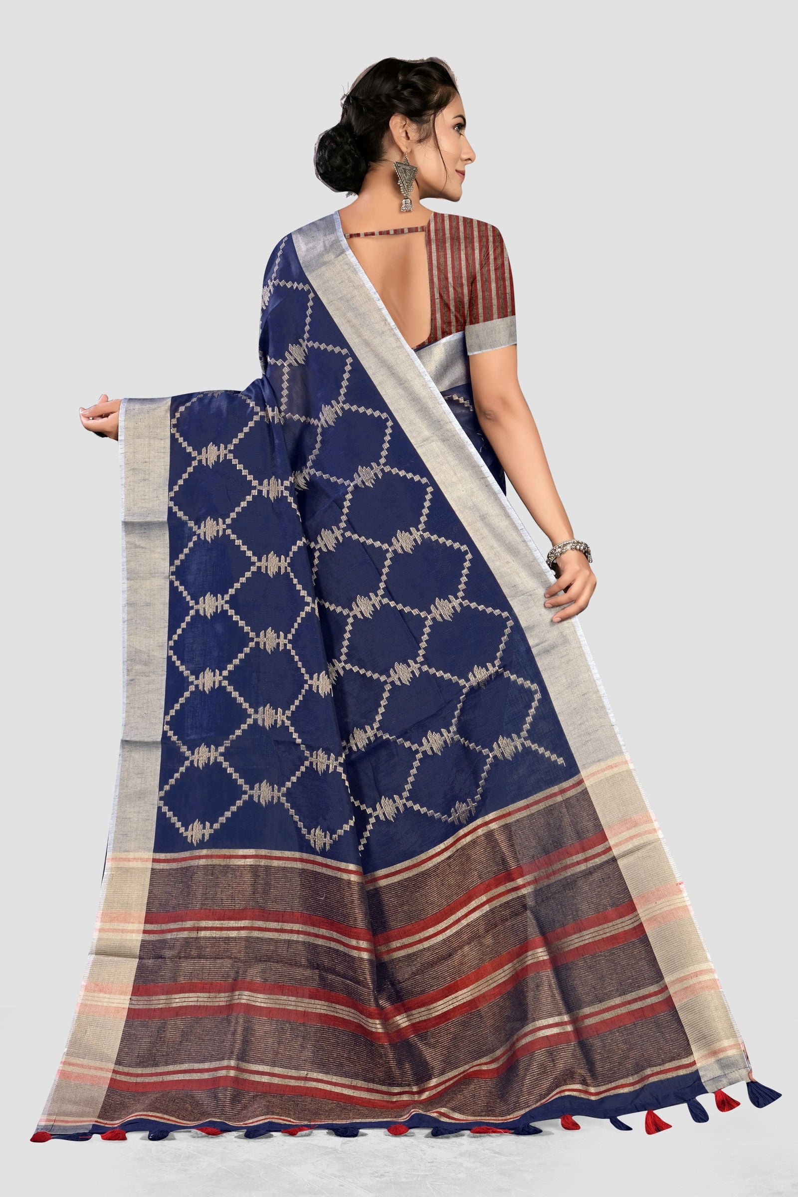 Blue Thread and Zariwork Linen Saree - KAJREE