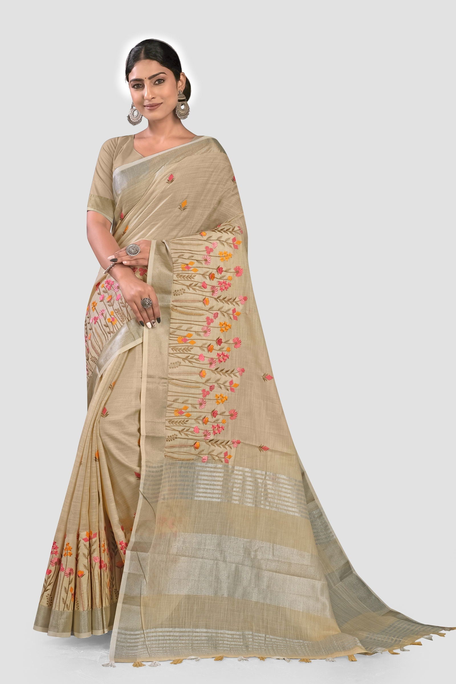 Cream Embroidered Linen Saree - KAJREE