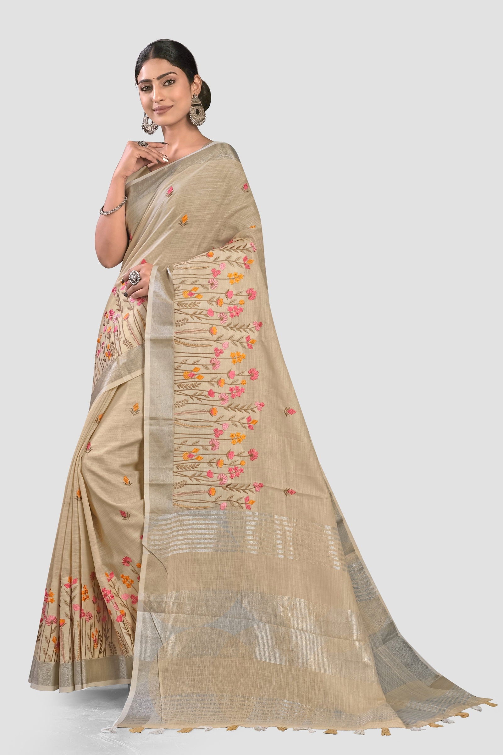 Cream Embroidered Linen Saree - KAJREE