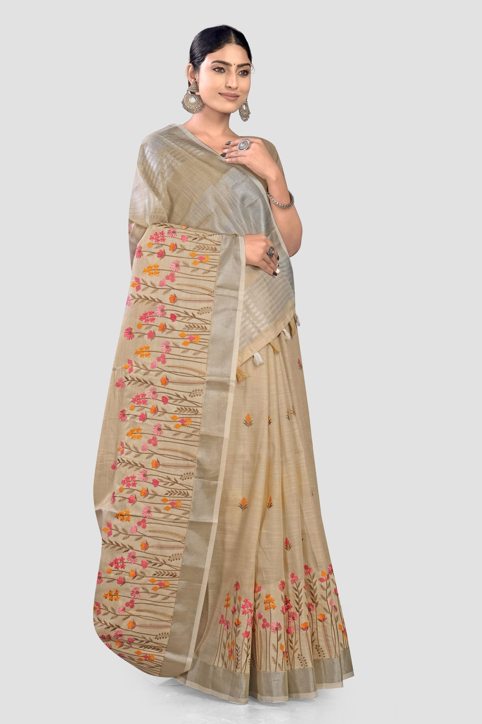 Cream Embroidered Linen Saree - KAJREE