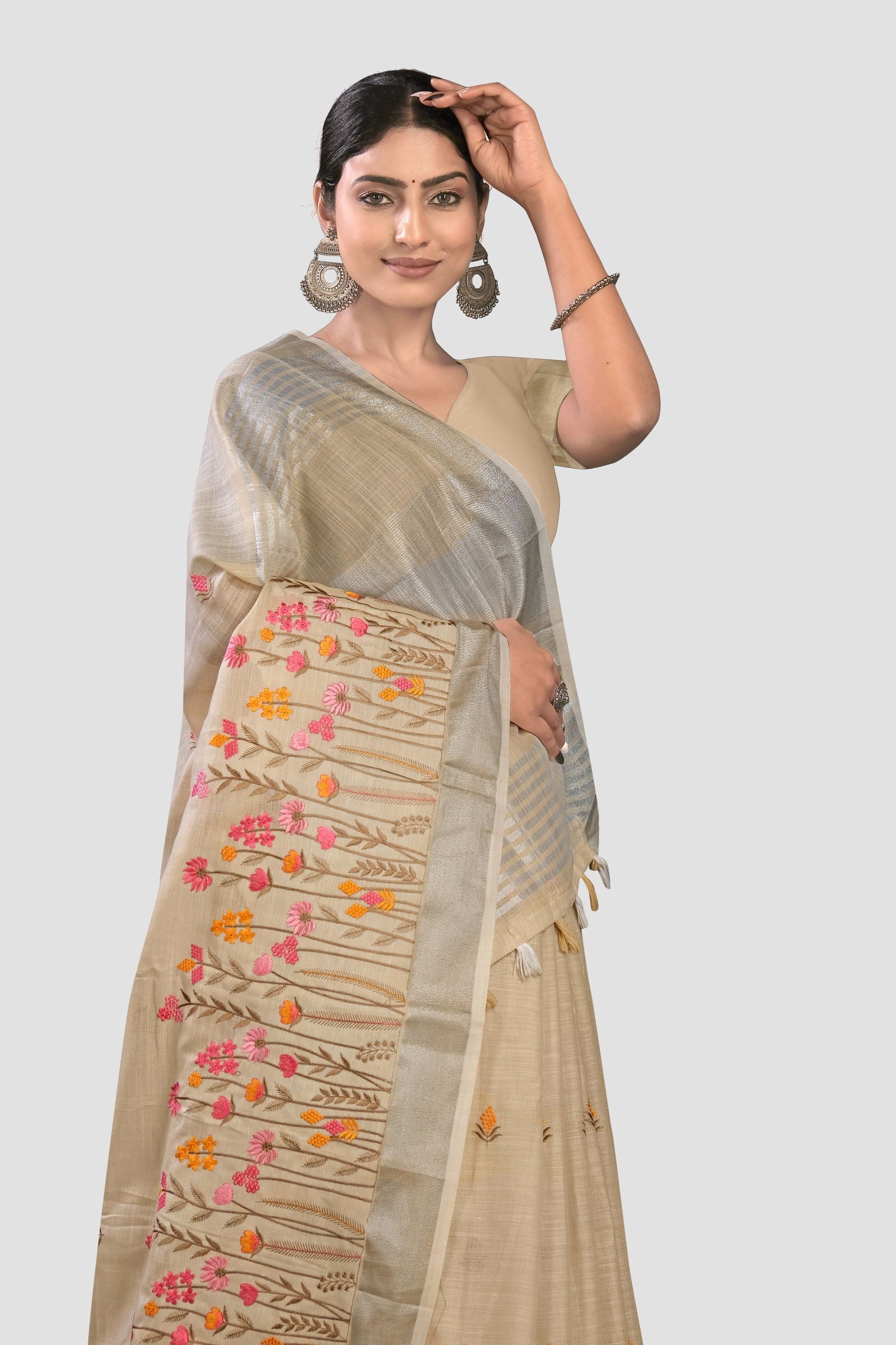 Cream Embroidered Linen Saree - KAJREE