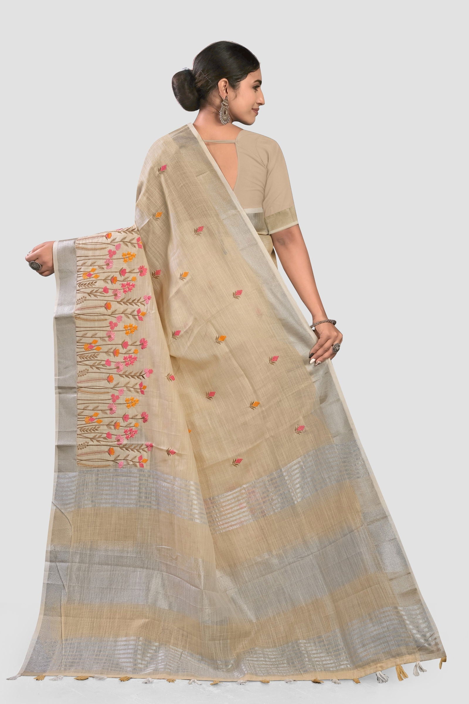 Cream Embroidered Linen Saree - KAJREE