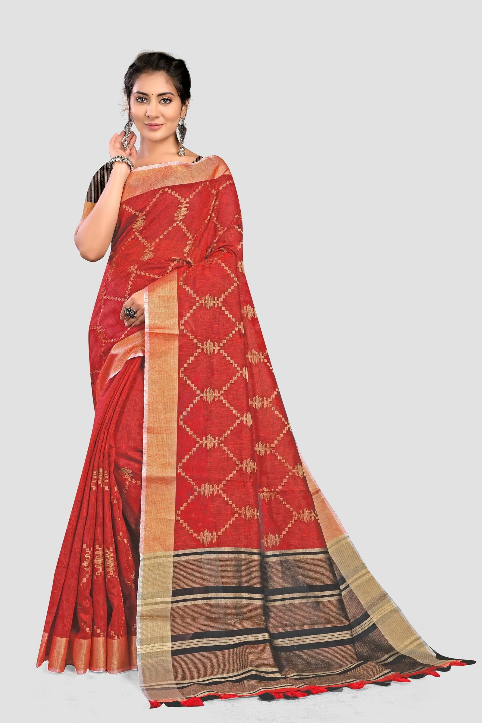 Red Thread and Zariwork Linen Saree - KAJREE
