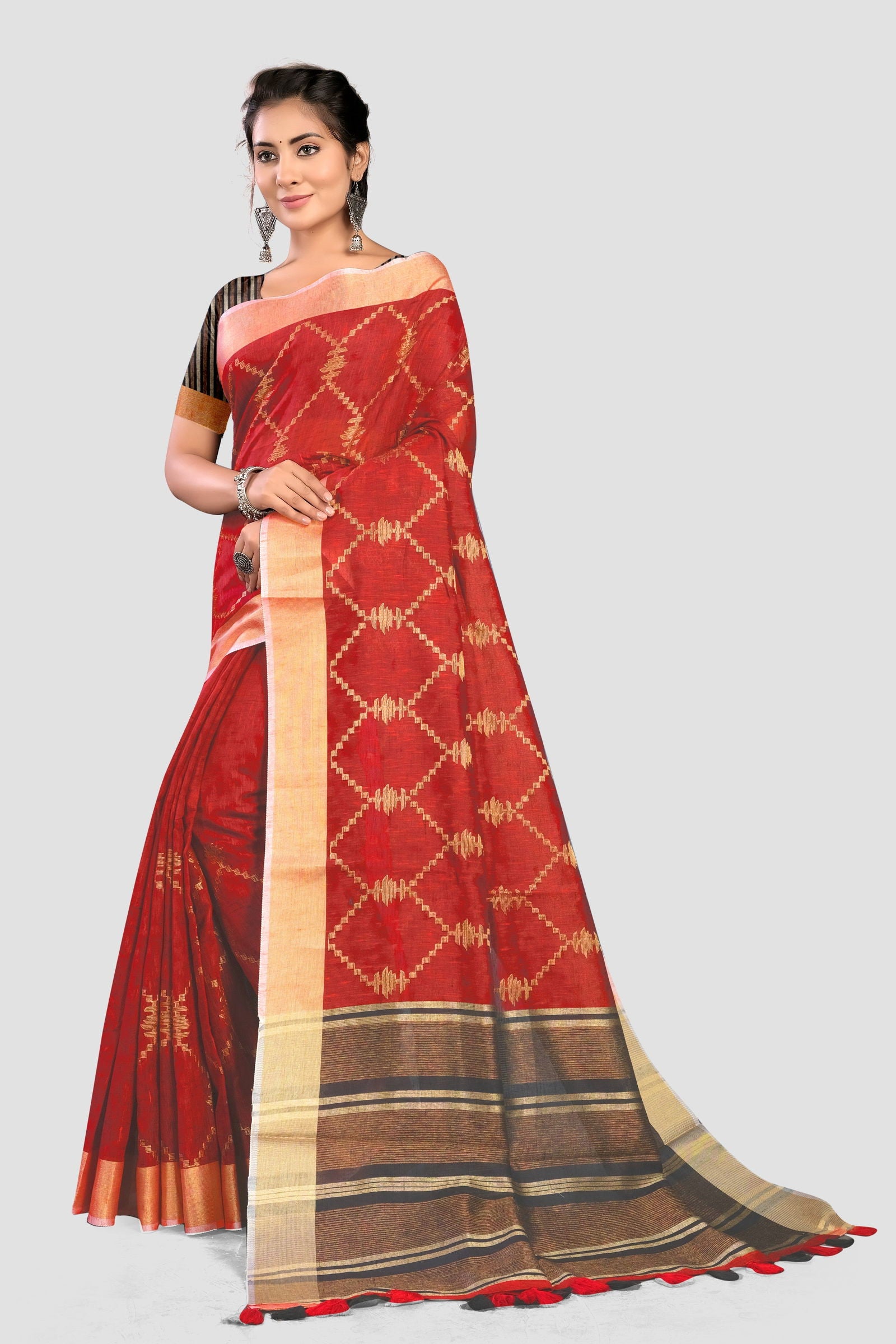 Red Thread and Zariwork Linen Saree - KAJREE