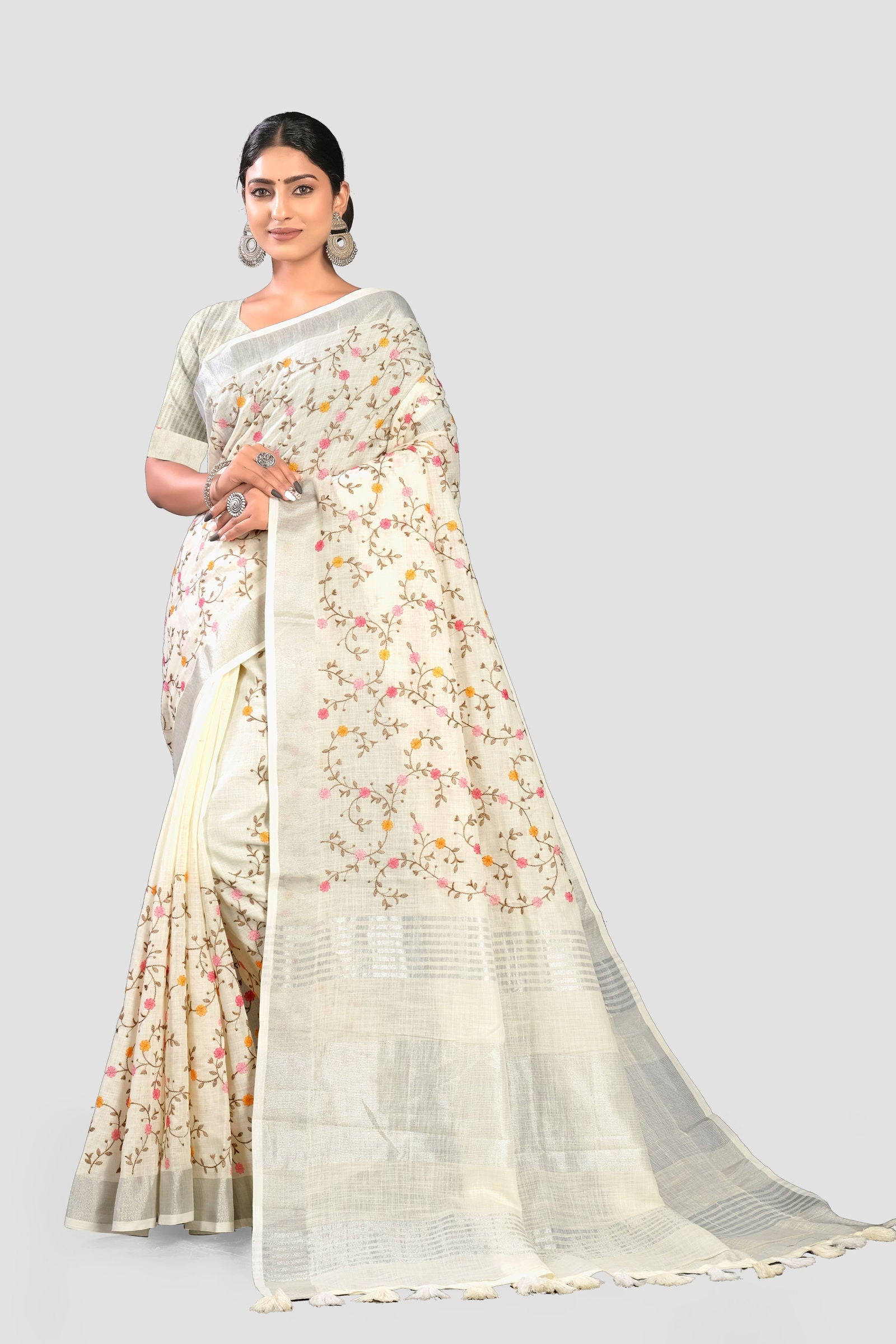White Threadwork Linen Saree - KAJREE