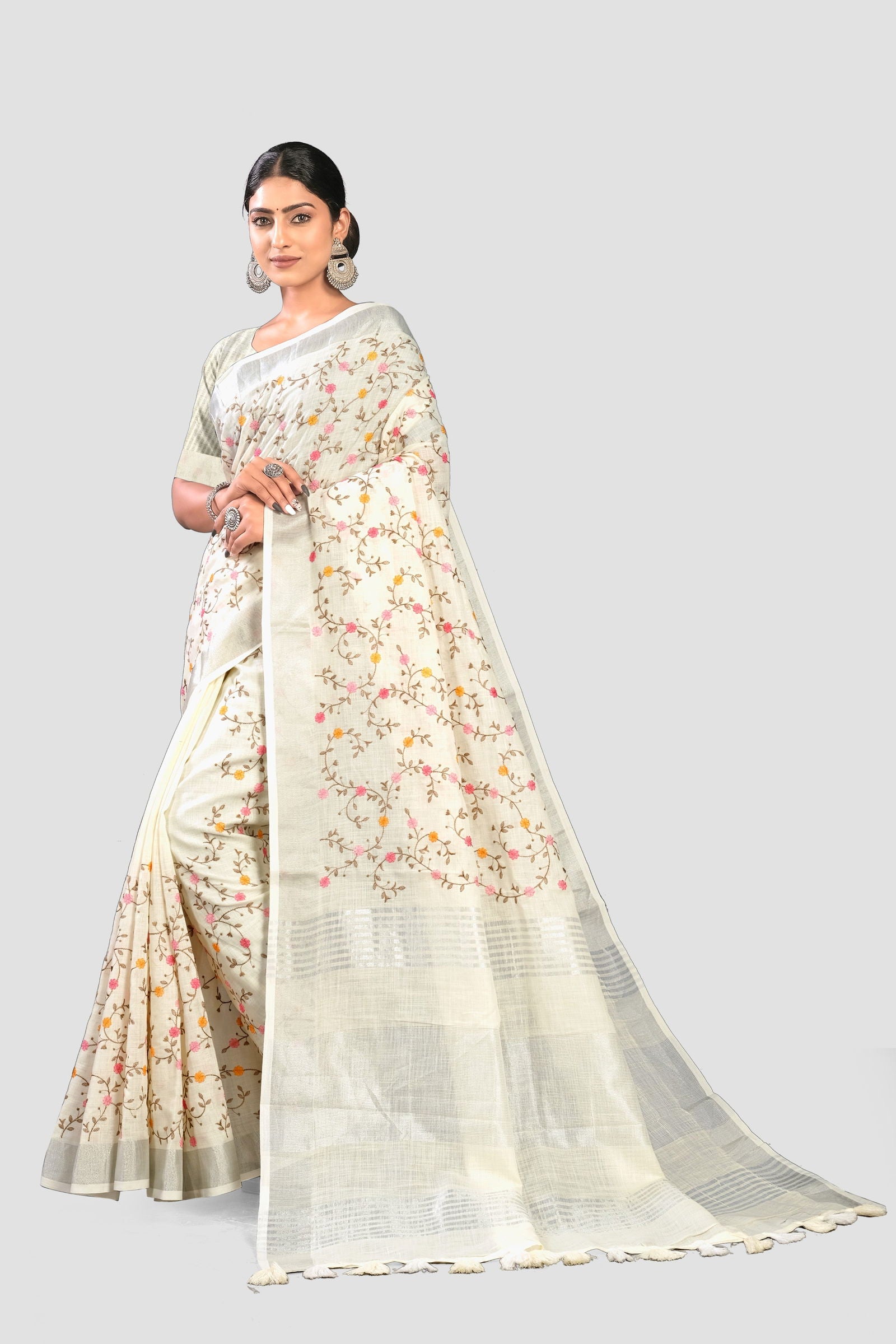 White Threadwork Linen Saree - KAJREE