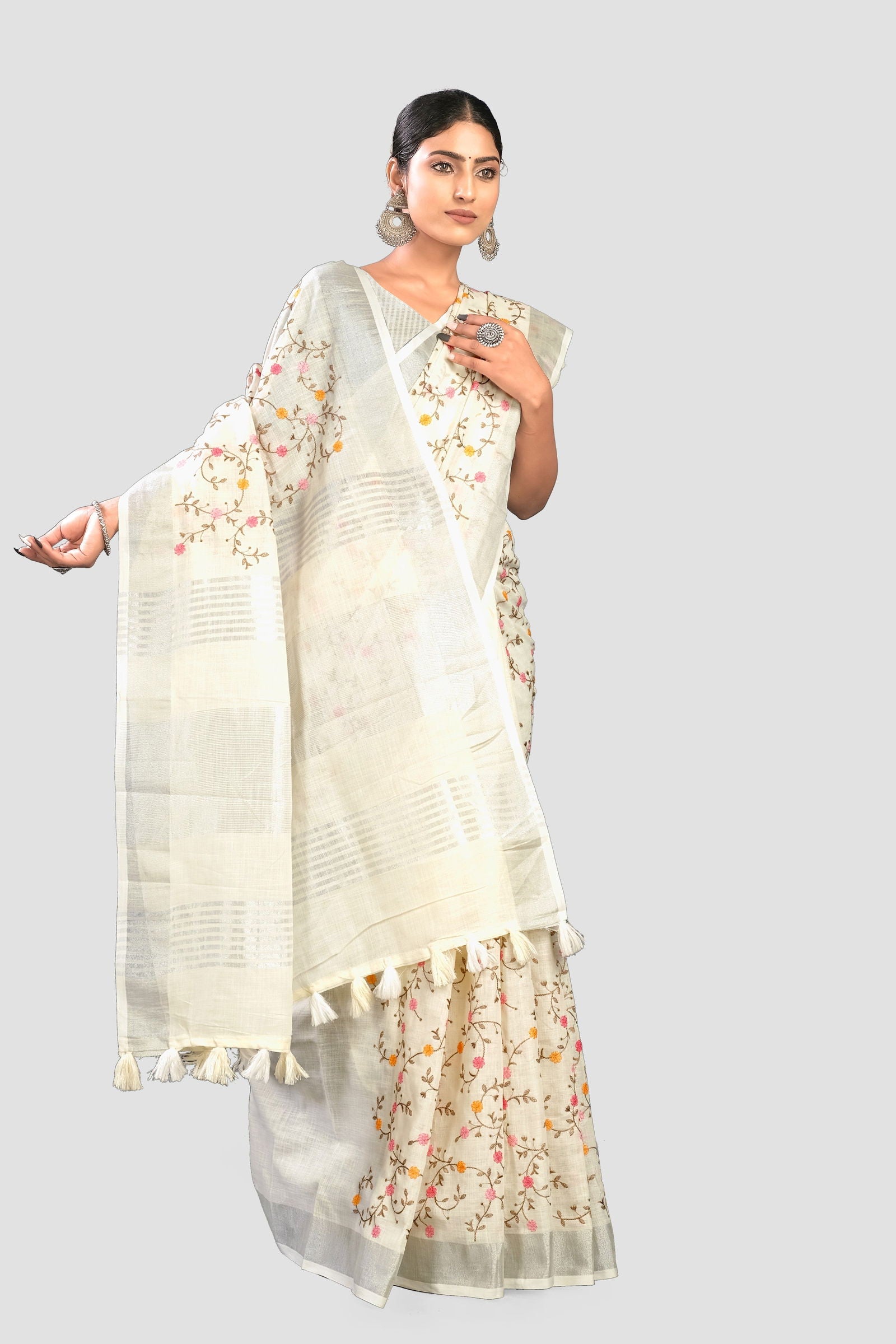 White Threadwork Linen Saree - KAJREE