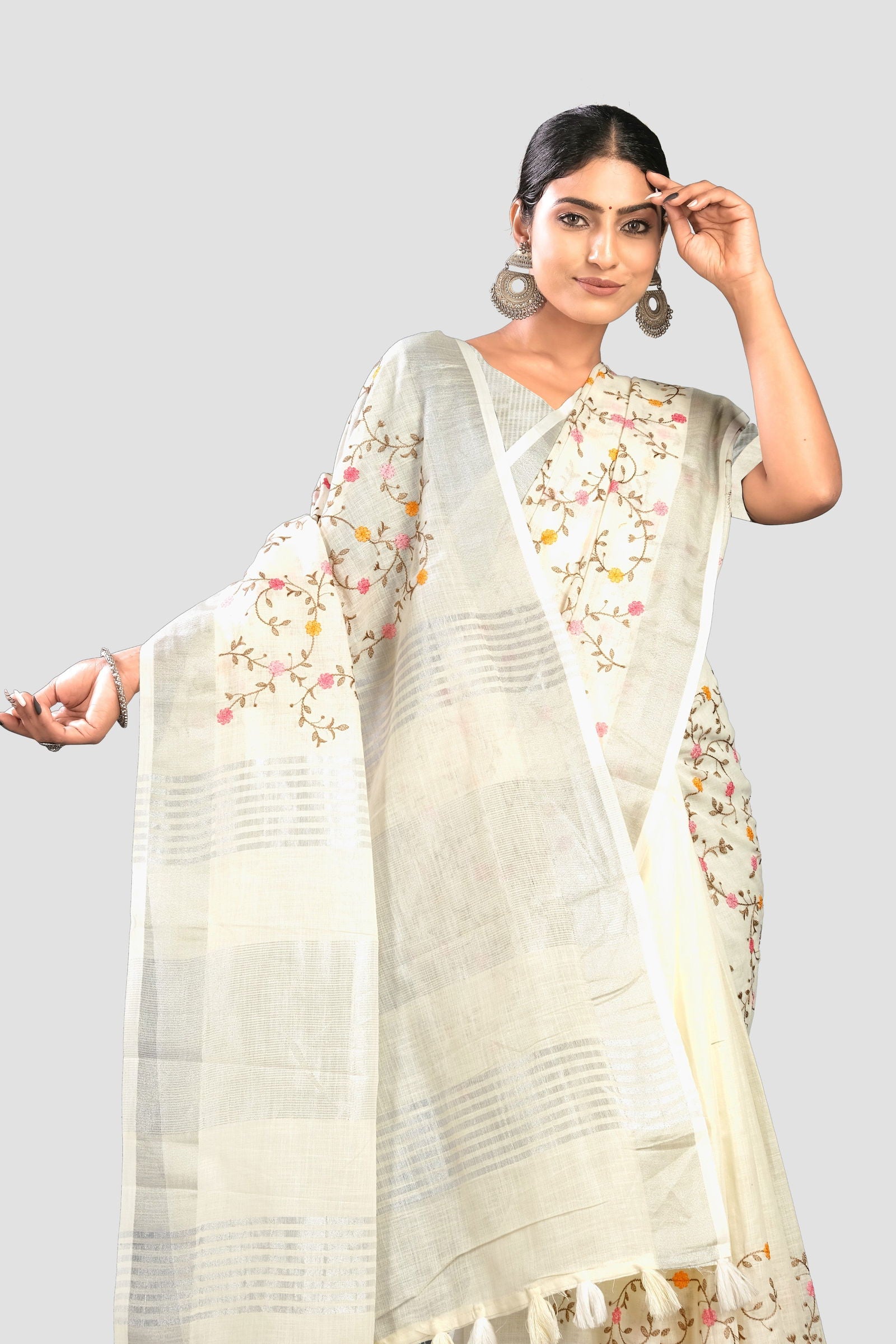 White Threadwork Linen Saree - KAJREE