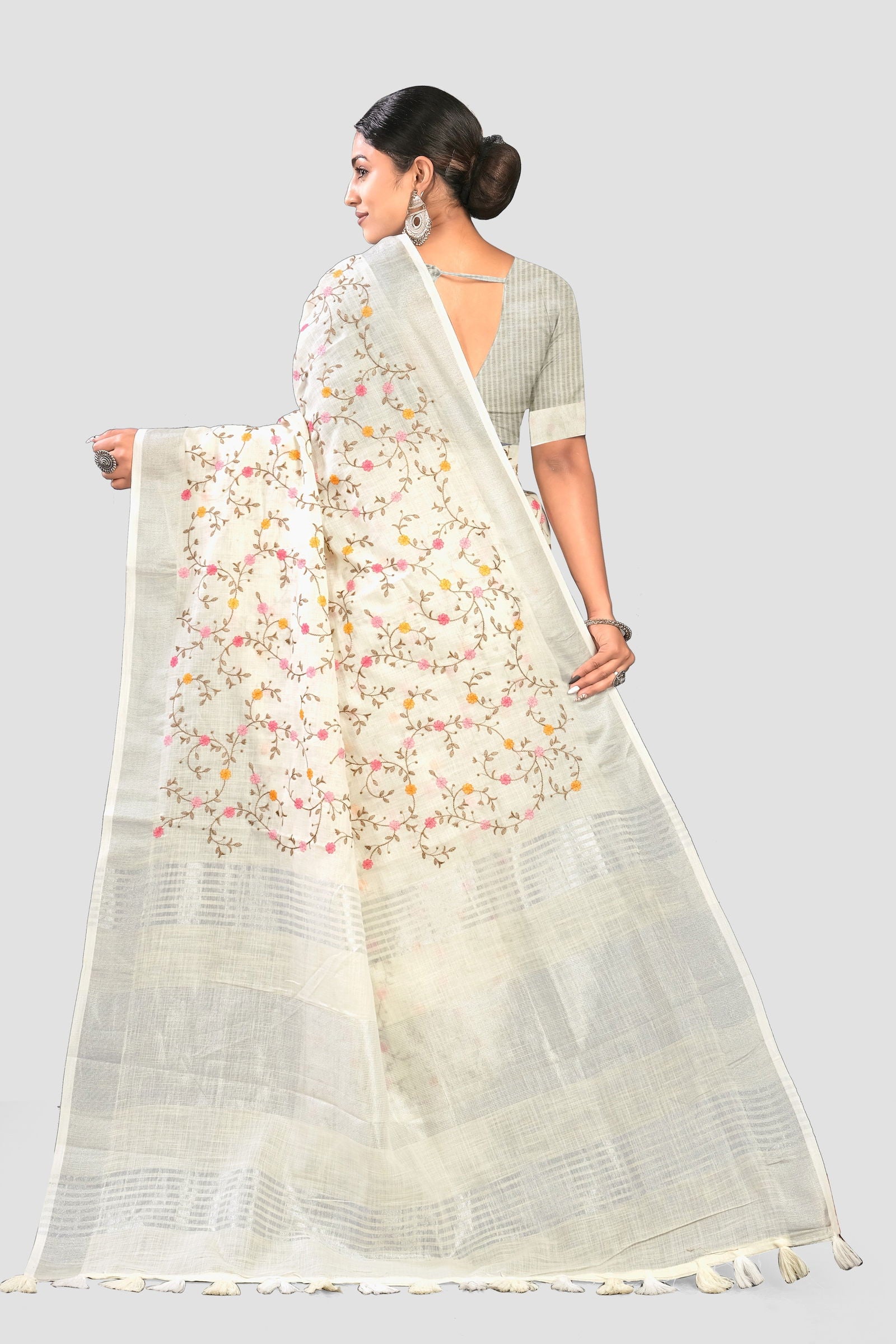 White Threadwork Linen Saree - KAJREE