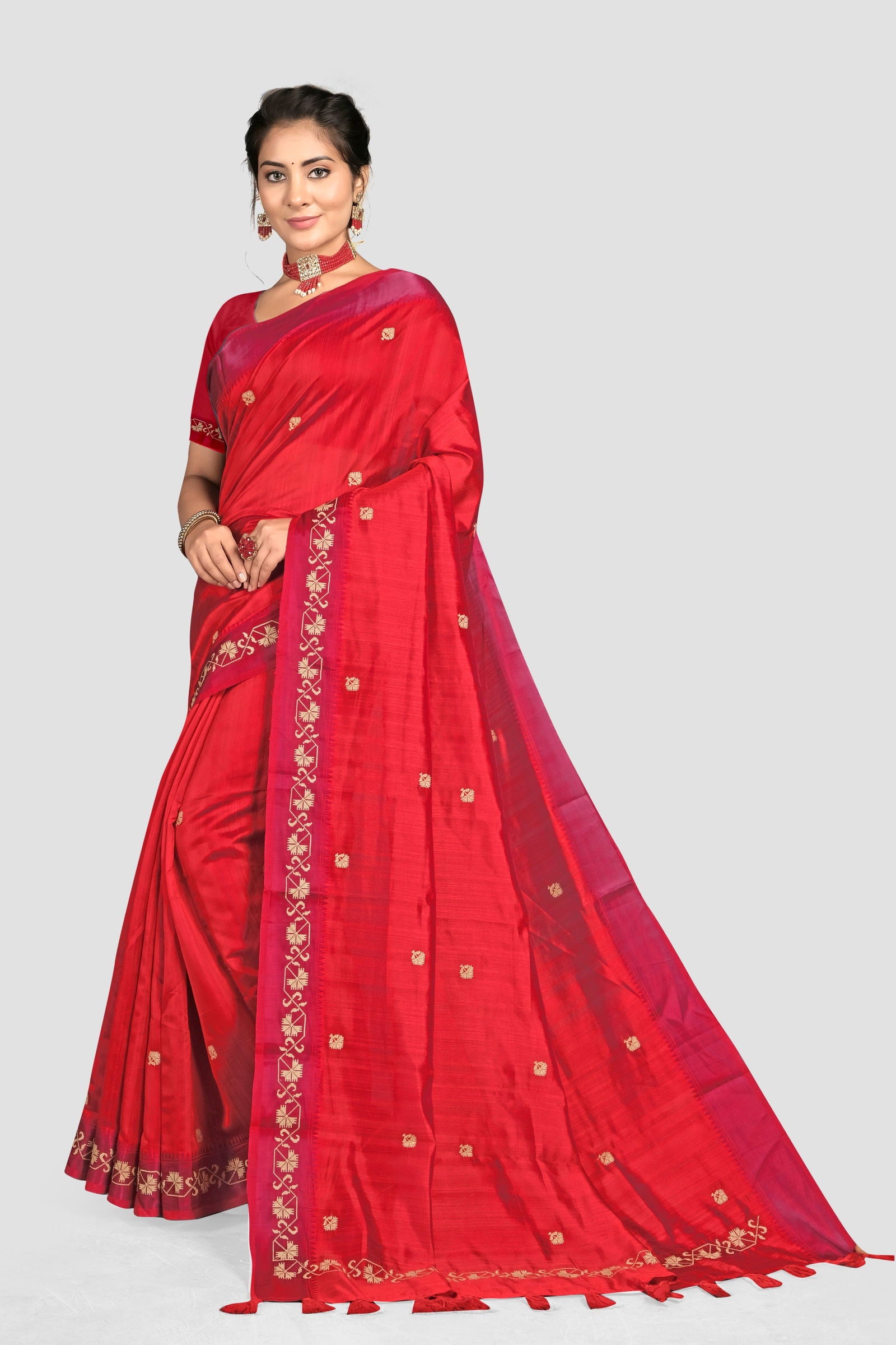 Red Threadwork Tussar Silk Saree - KAJREE