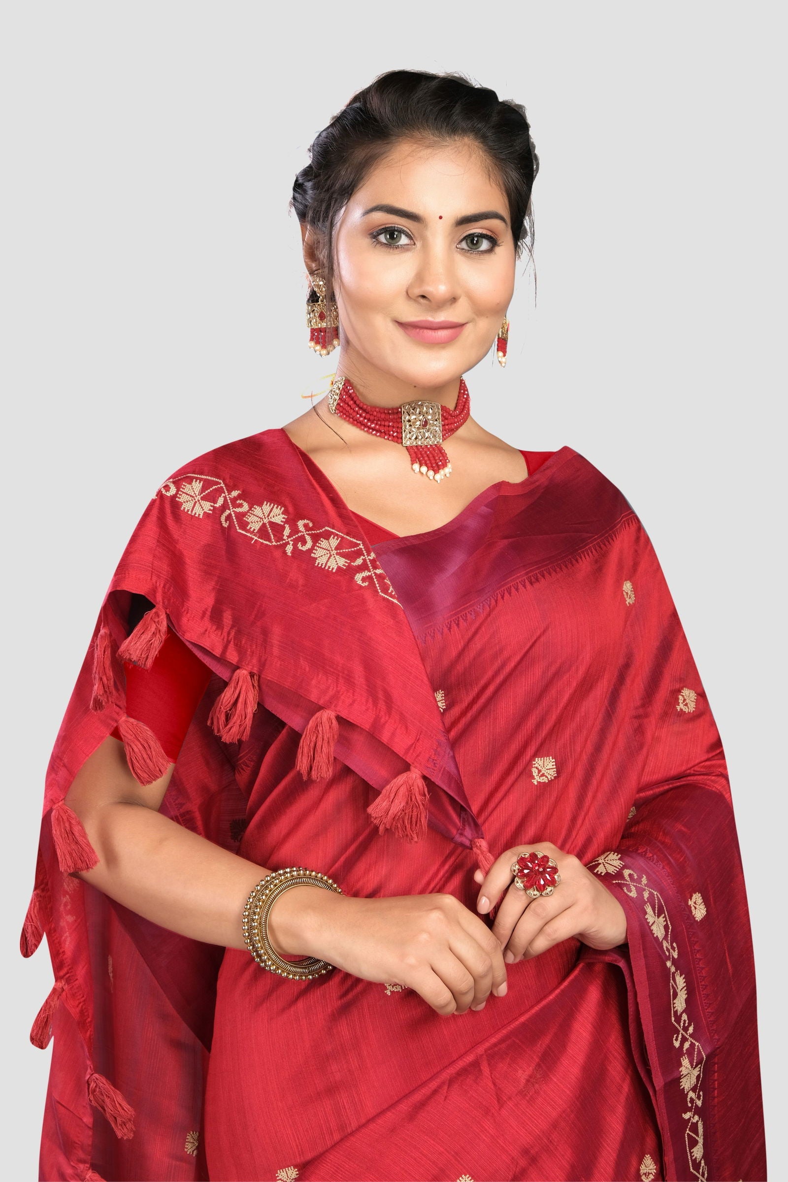 Red Threadwork Tussar Silk Saree - KAJREE