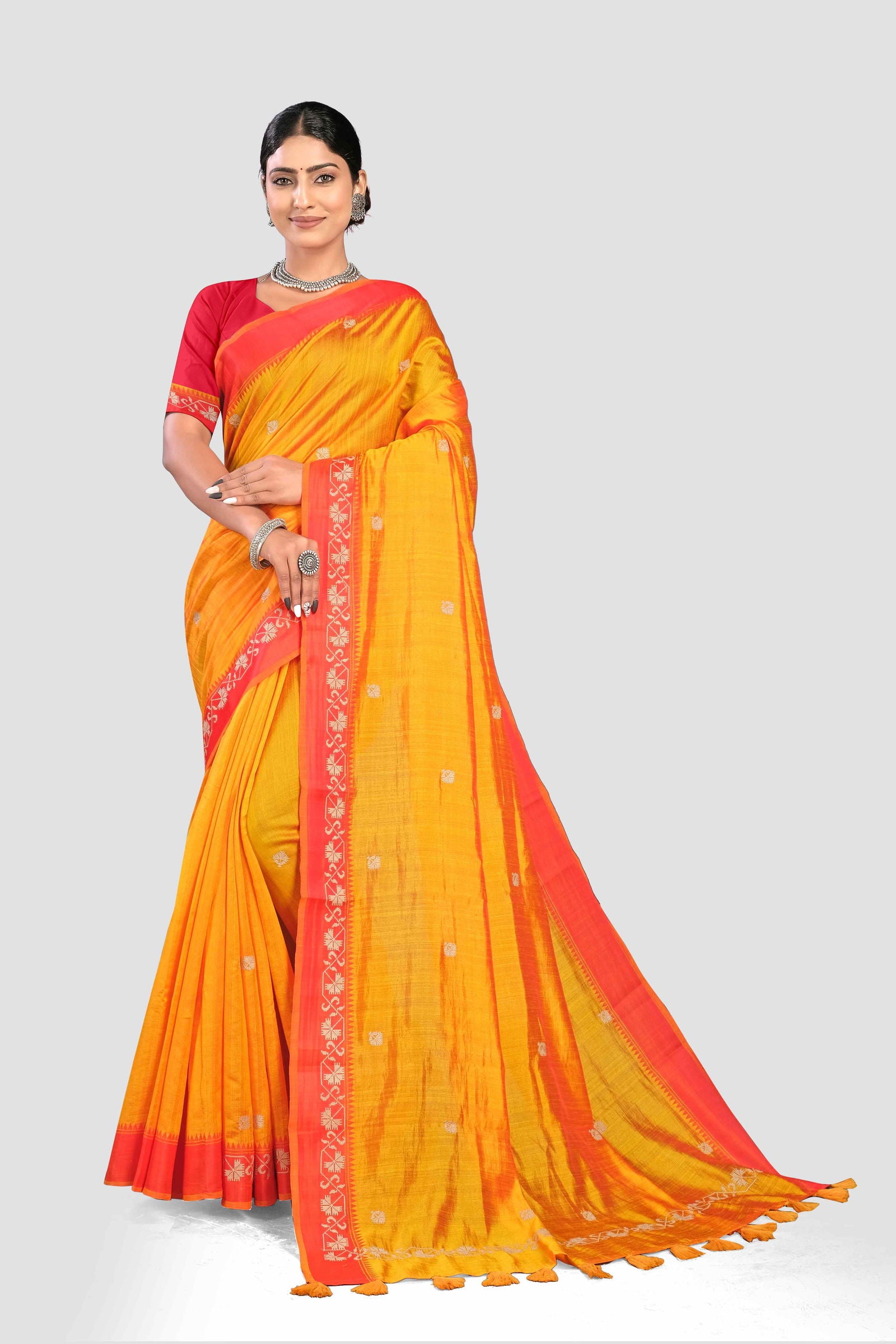 Yellow Threadwork Tussar Silk Saree - KAJREE