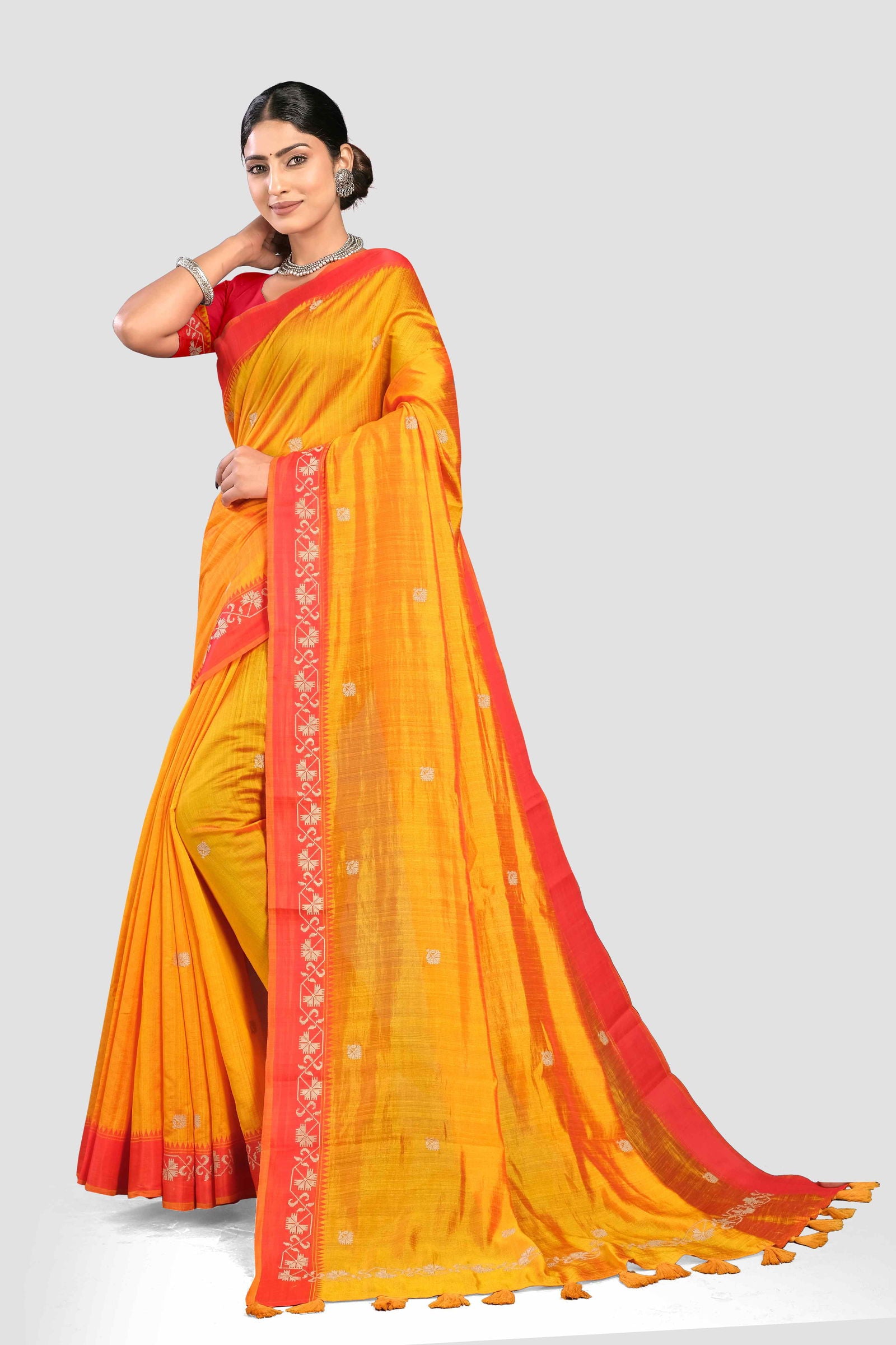 Yellow Threadwork Tussar Silk Saree - KAJREE