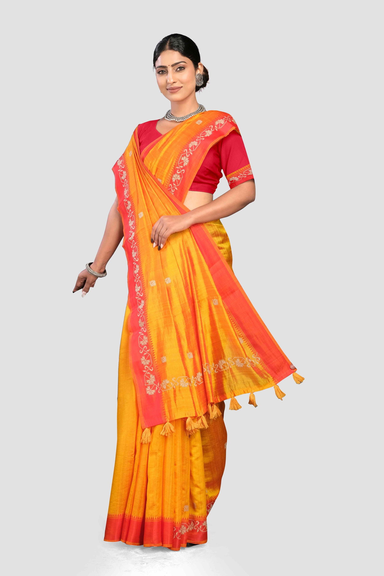 Yellow Threadwork Tussar Silk Saree - KAJREE