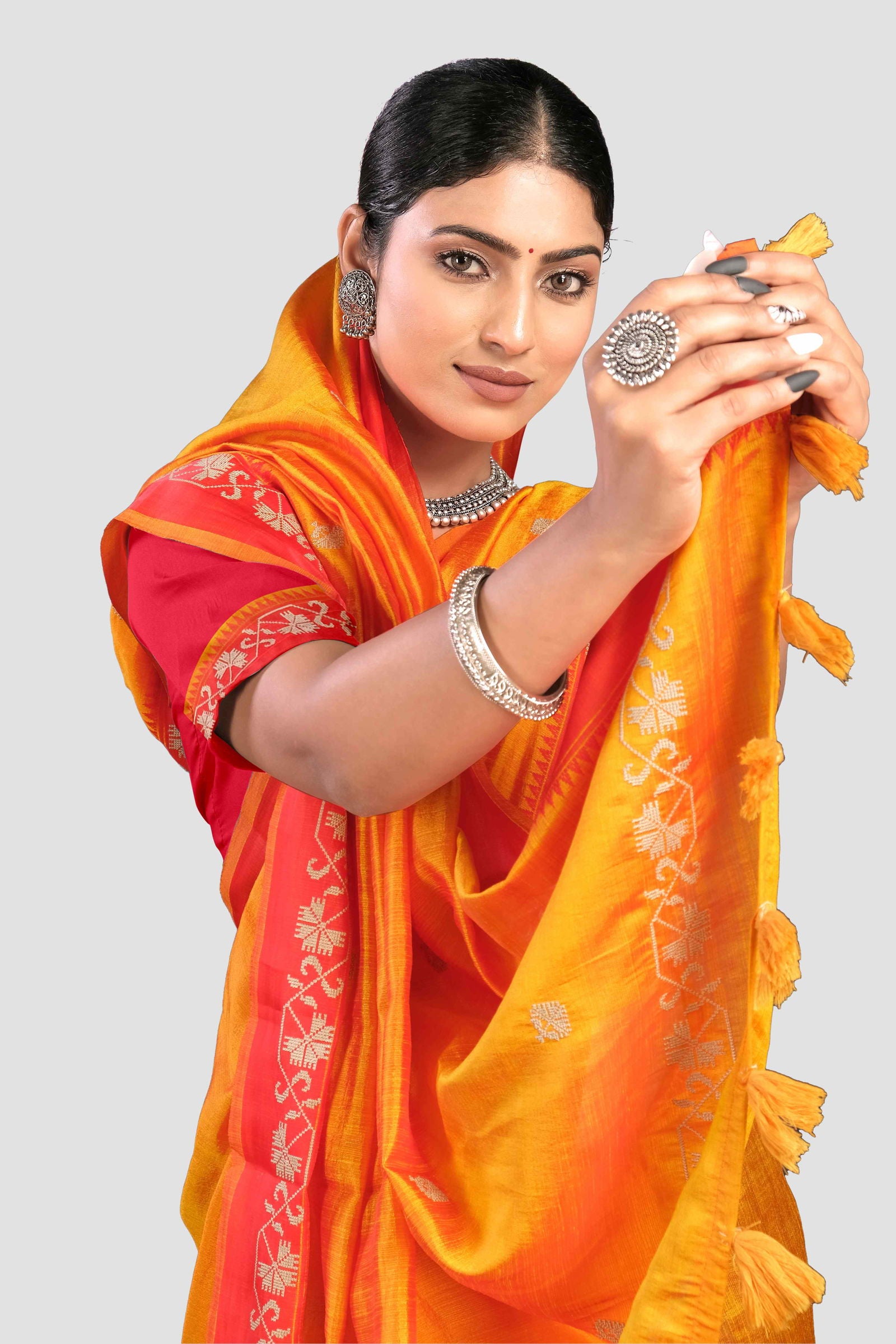 Yellow Threadwork Tussar Silk Saree - KAJREE