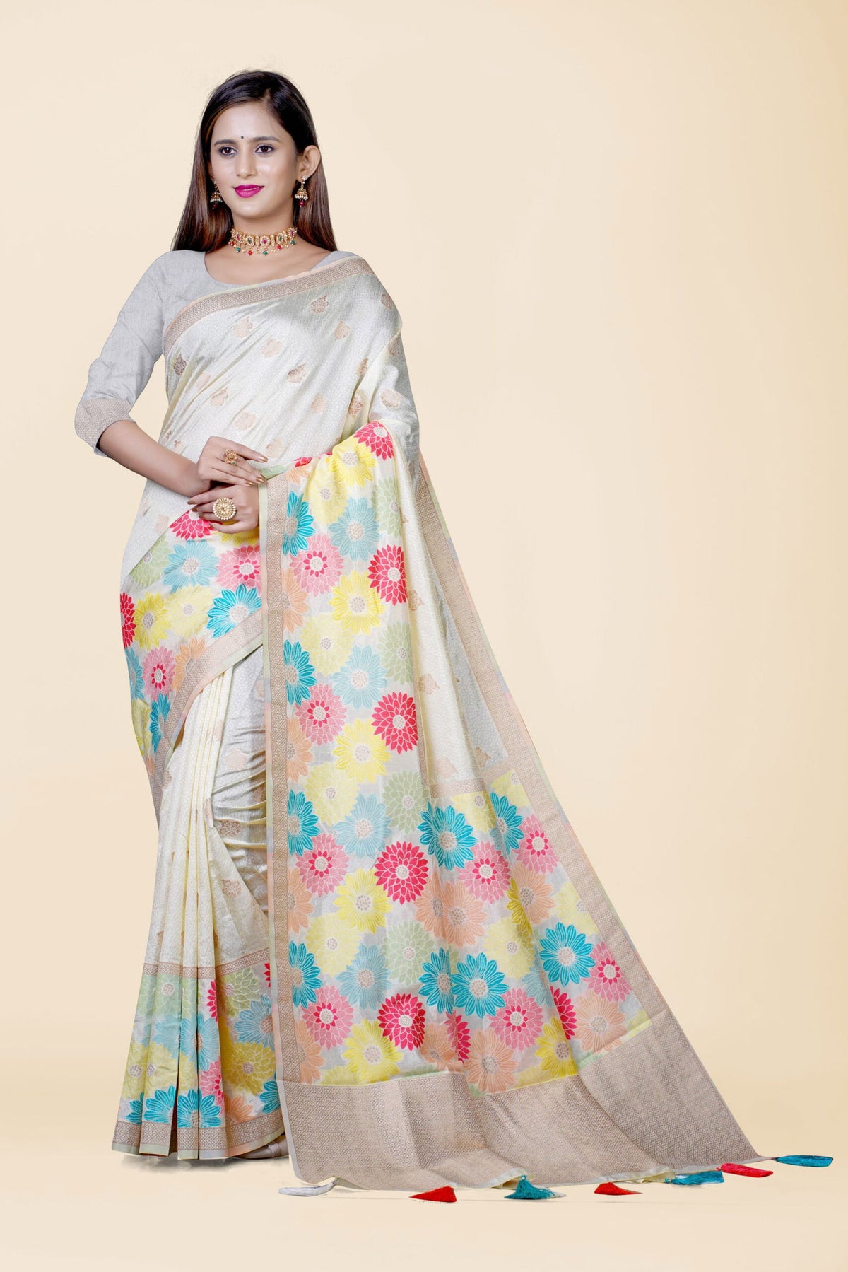 Cream Modish Design Raw Silk Saree - KAJREE