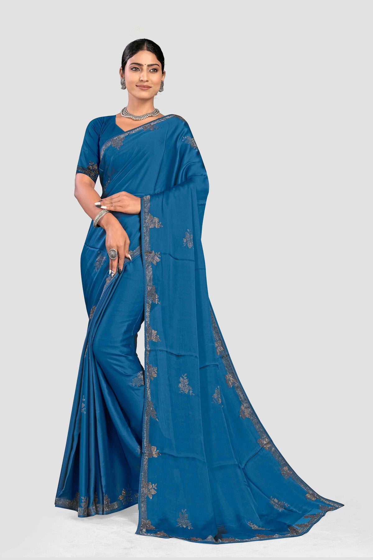 Blue Satin Stonework Silk Saree - KAJREE
