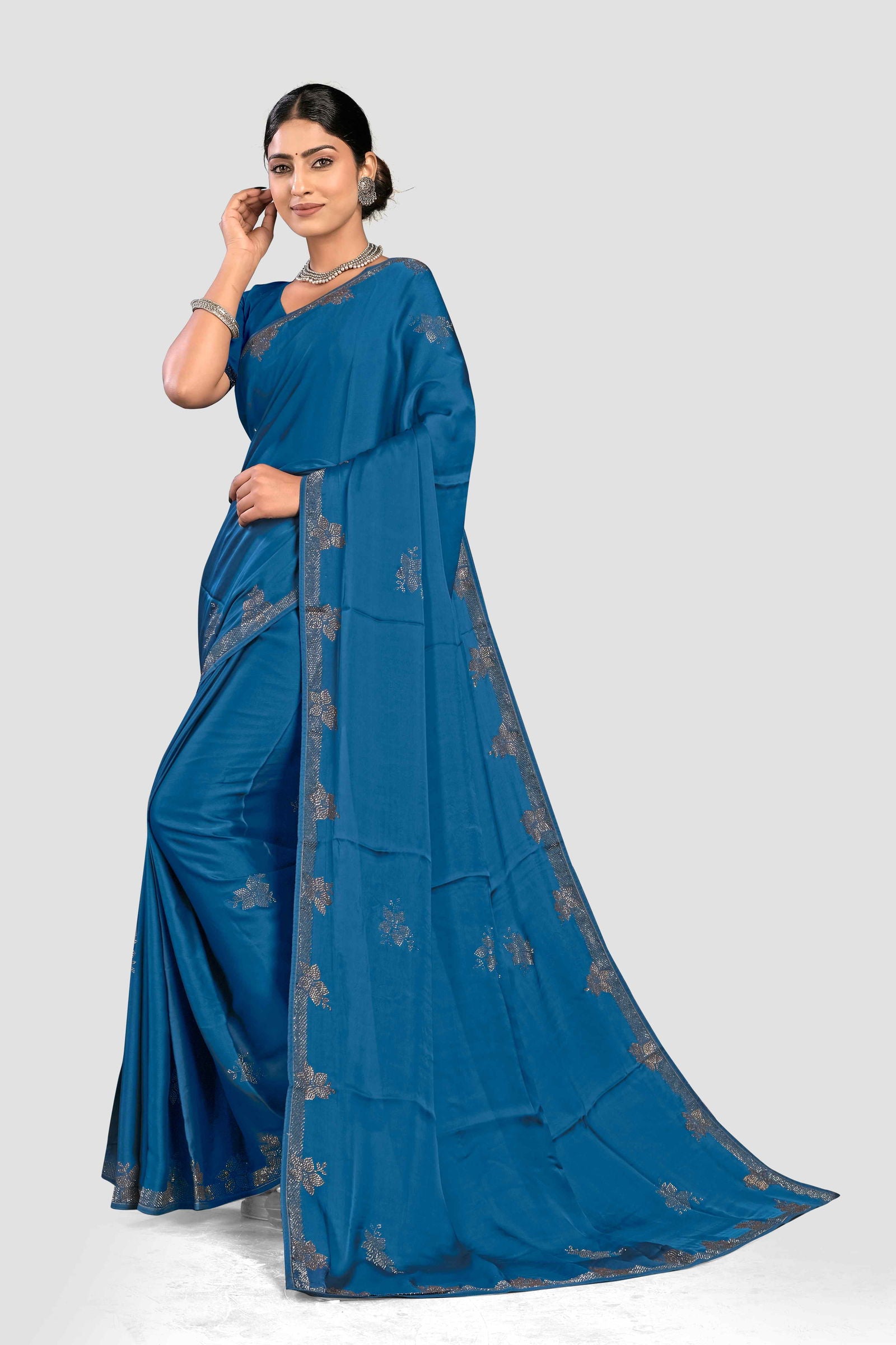Blue Satin Stonework Silk Saree - KAJREE