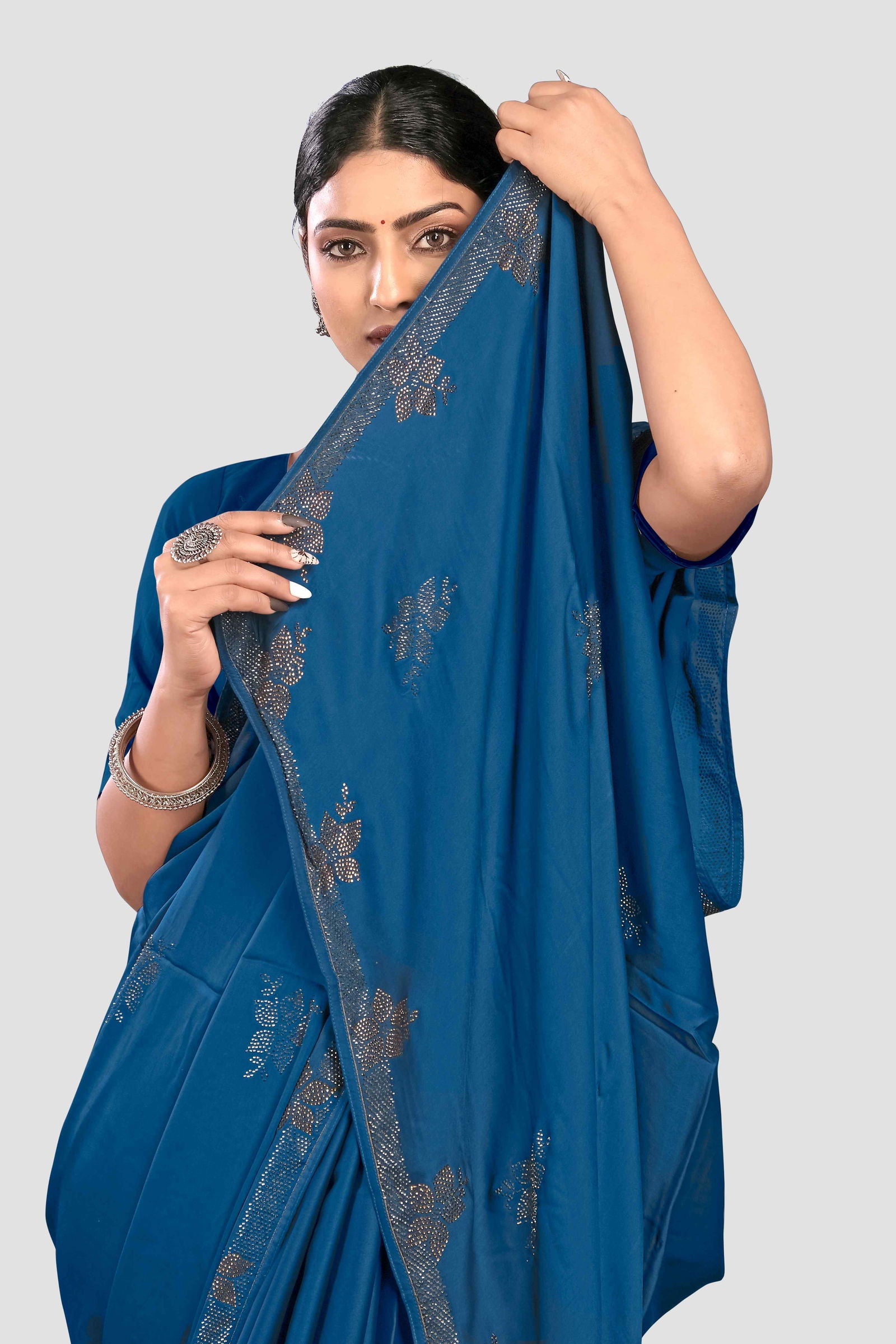 Blue Satin Stonework Silk Saree - KAJREE