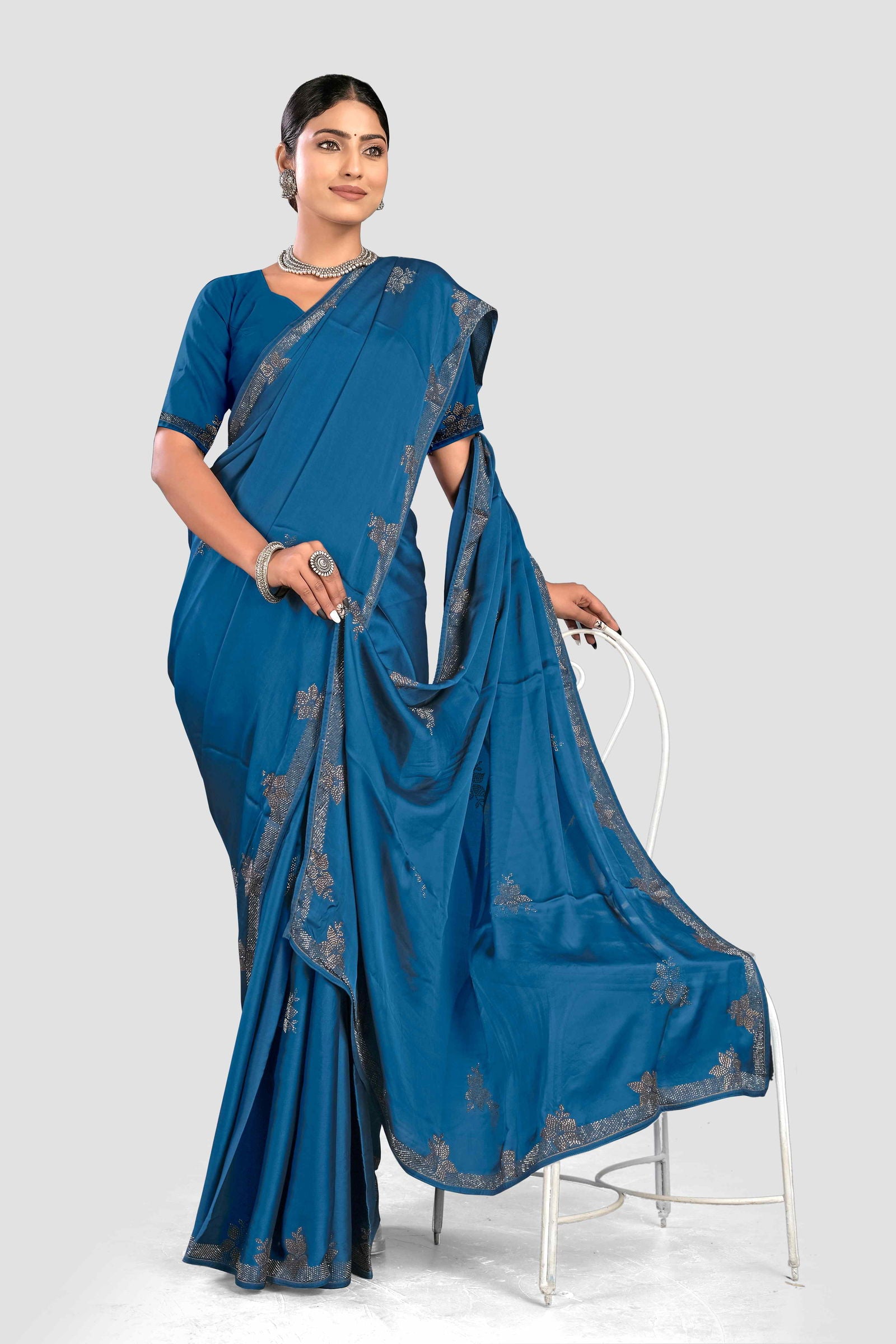 Blue Satin Stonework Silk Saree - KAJREE