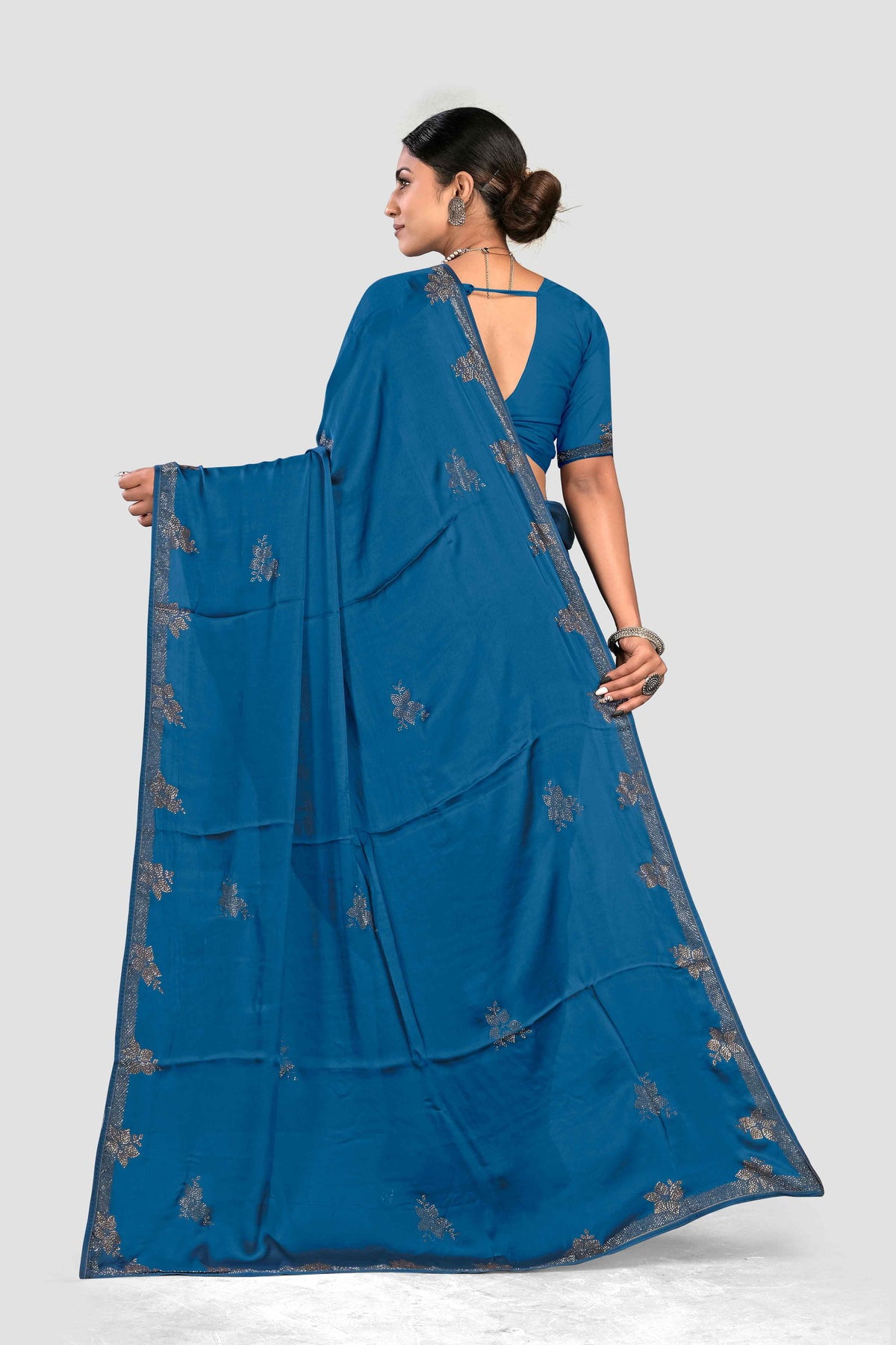 Blue Satin Stonework Silk Saree - KAJREE