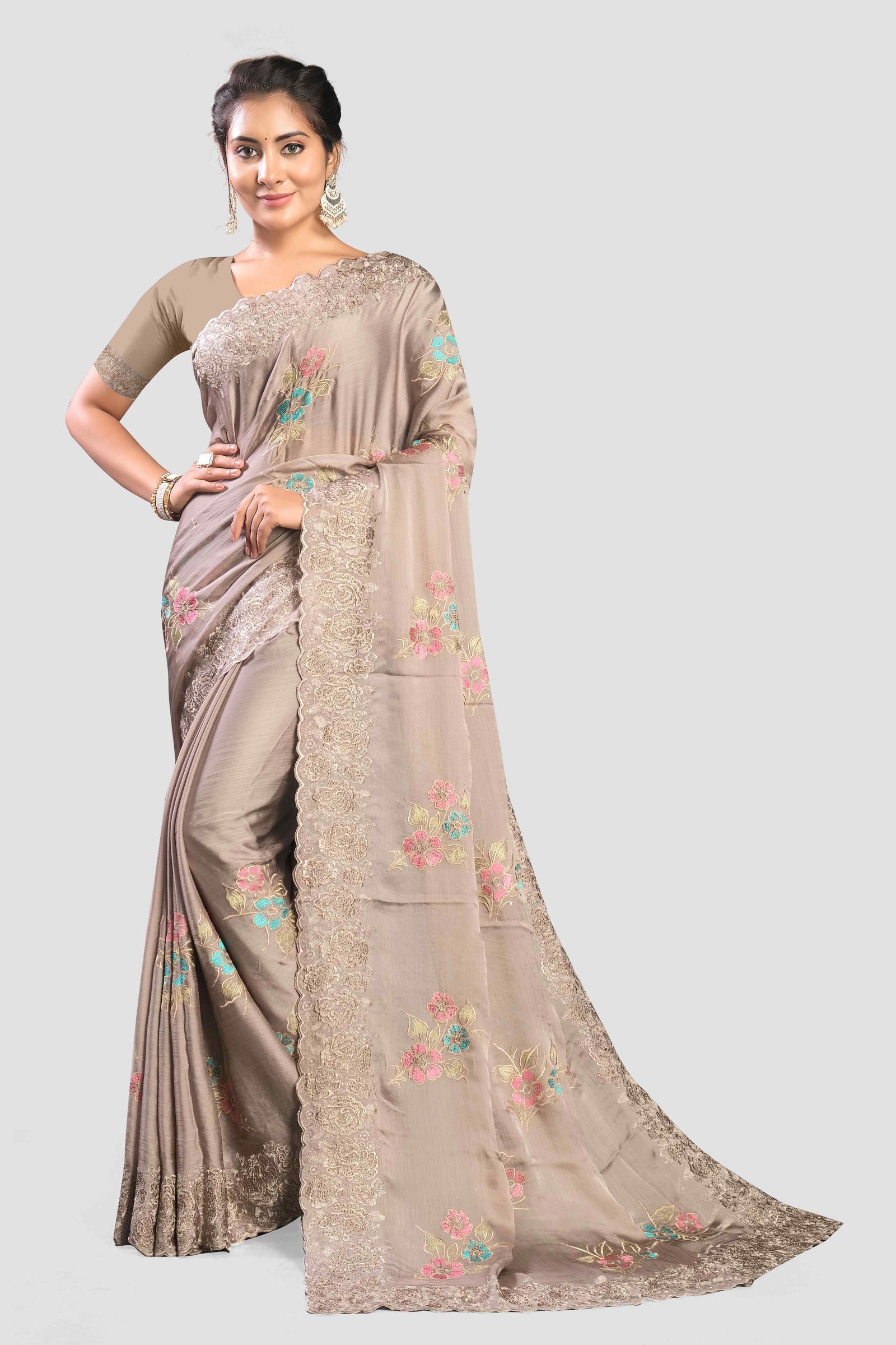 Grey Stonework Satin Silk Saree - KAJREE