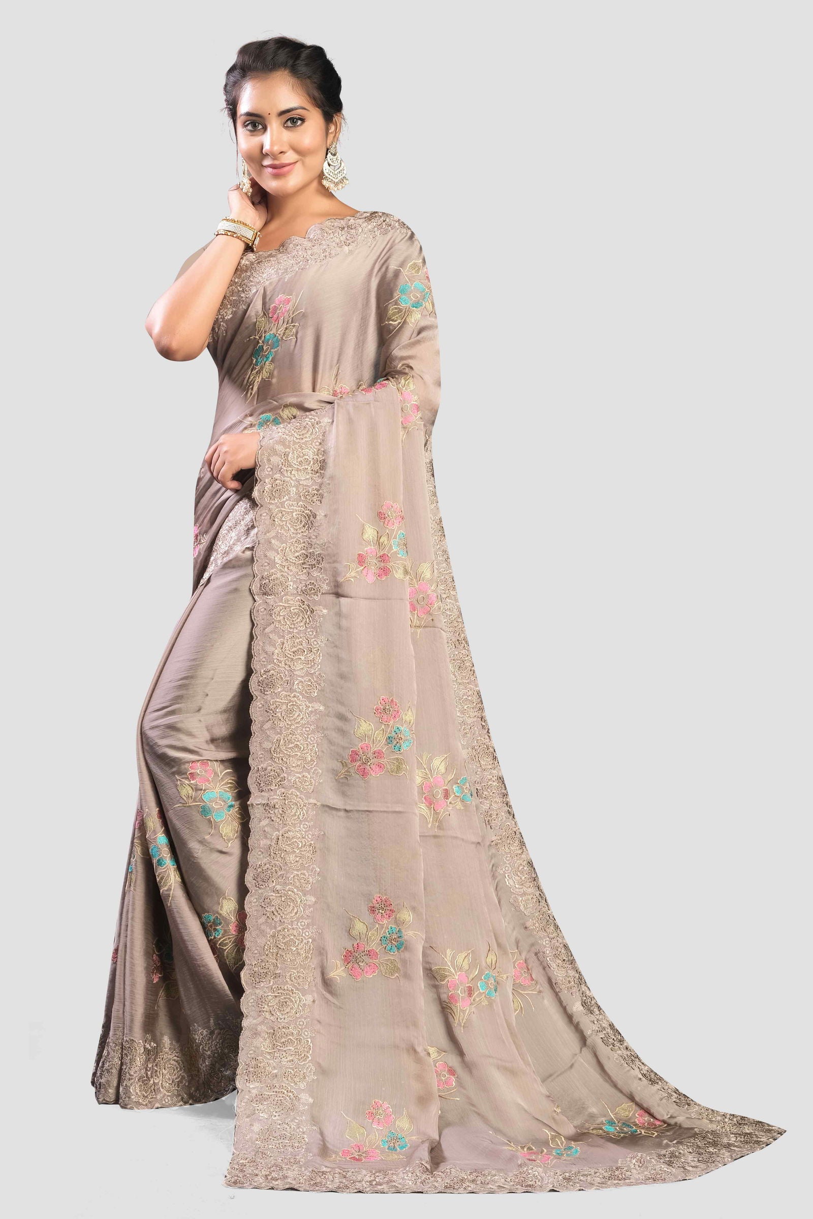 Grey Stonework Satin Silk Saree - KAJREE