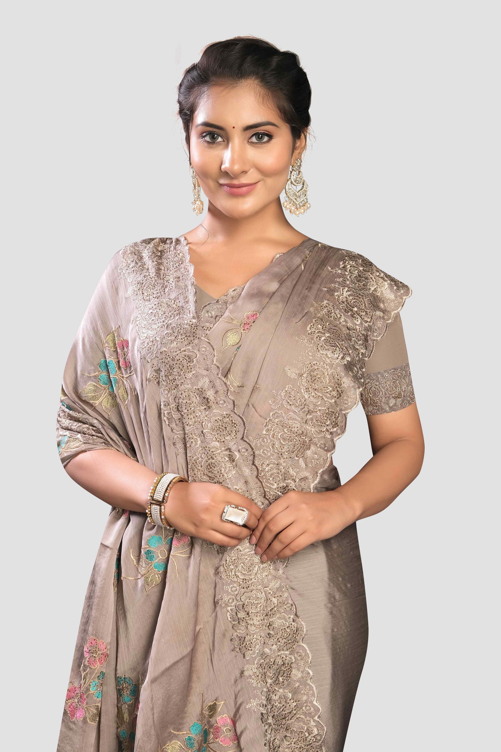 Grey Stonework Satin Silk Saree - KAJREE