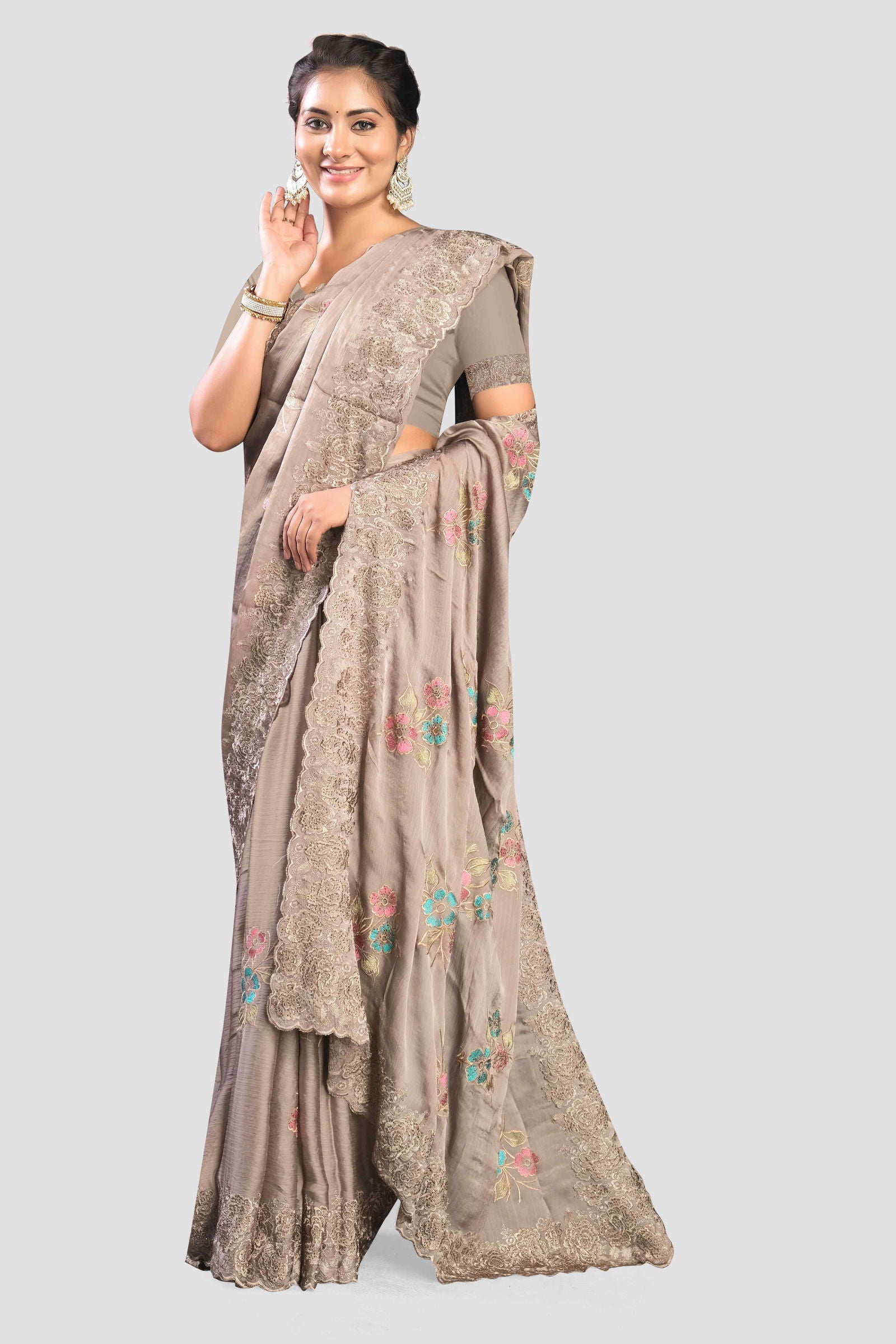 Grey Stonework Satin Silk Saree - KAJREE