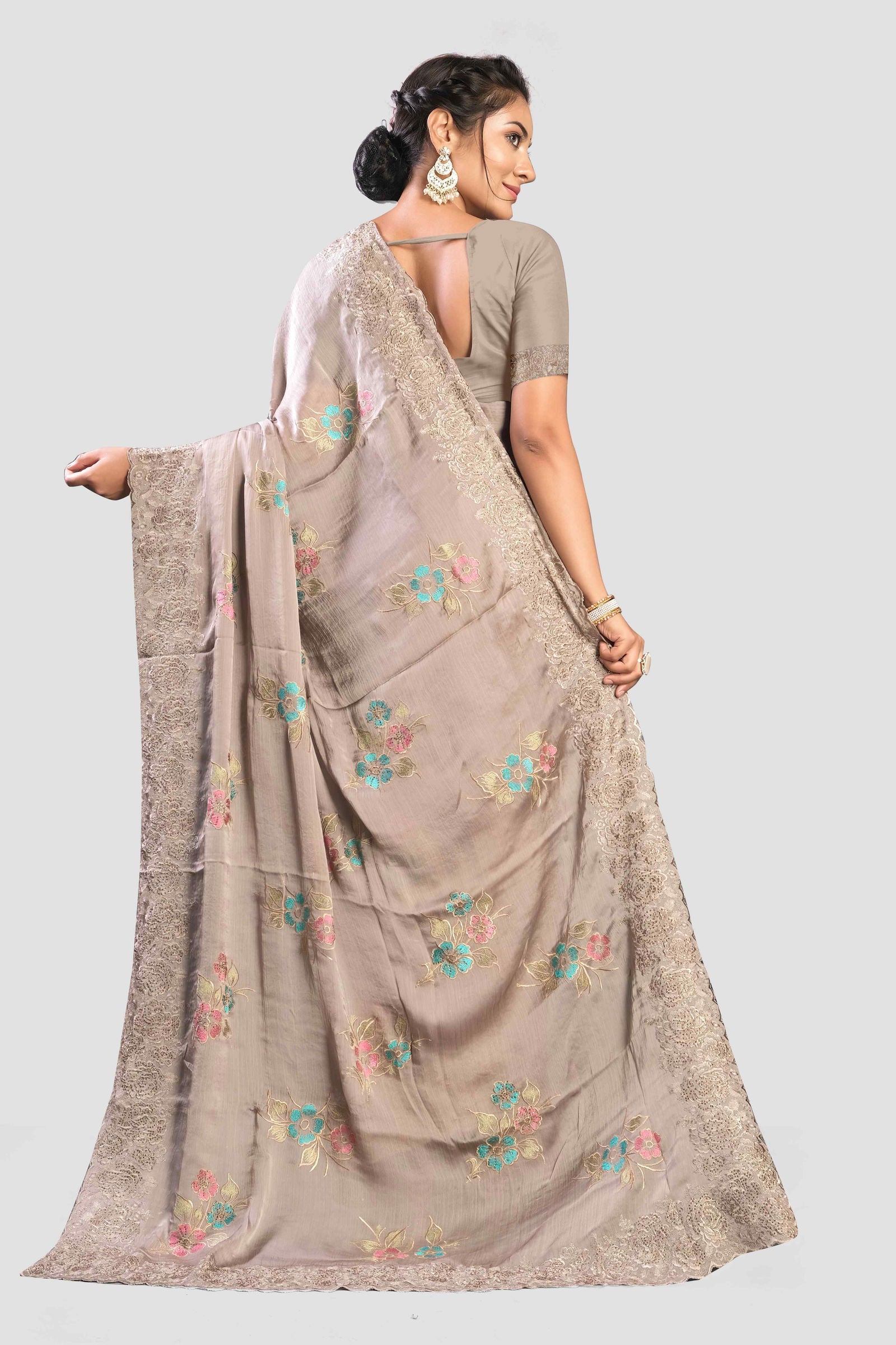 Grey Stonework Satin Silk Saree - KAJREE