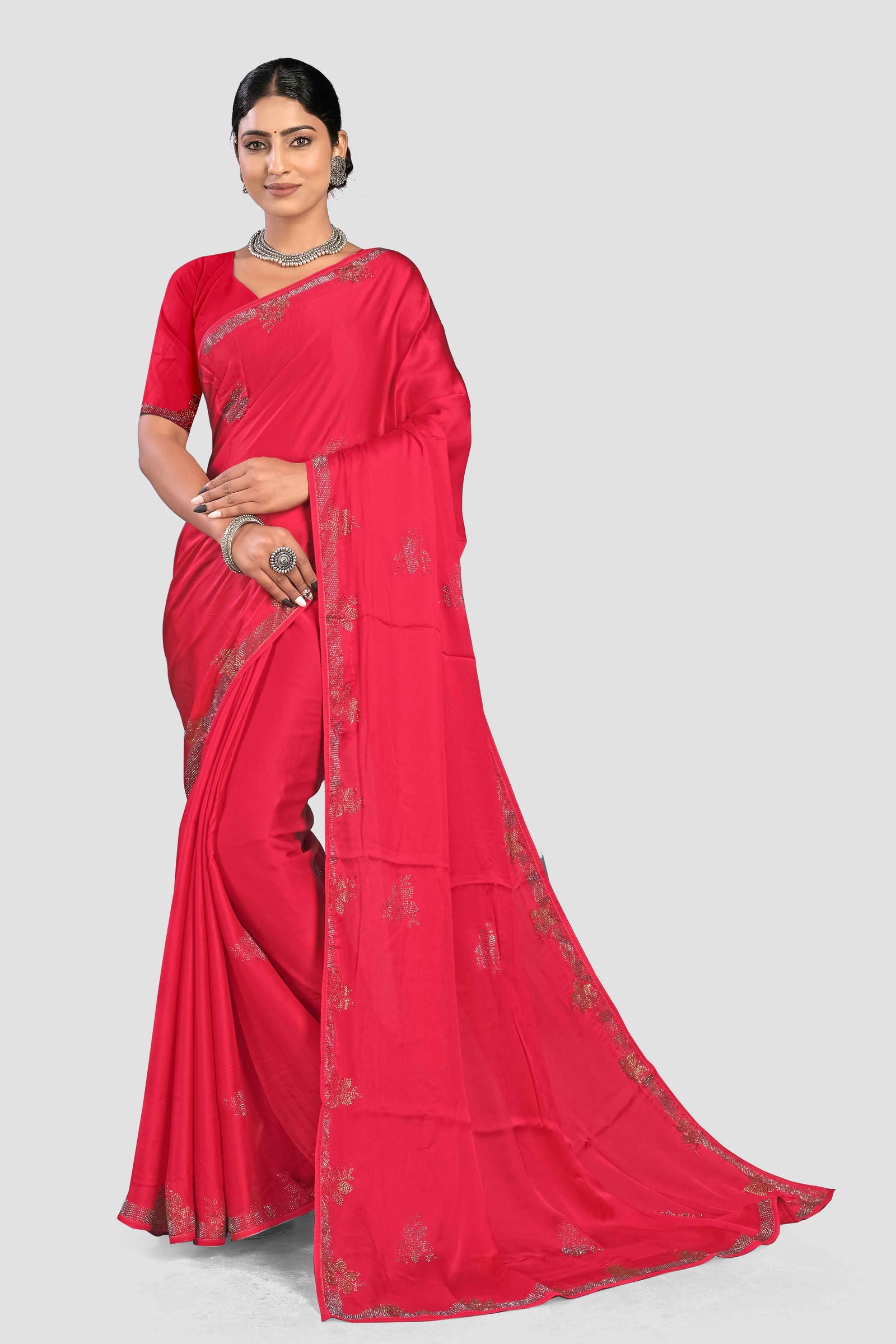 Red Stonework Satin Silk Saree - KAJREE