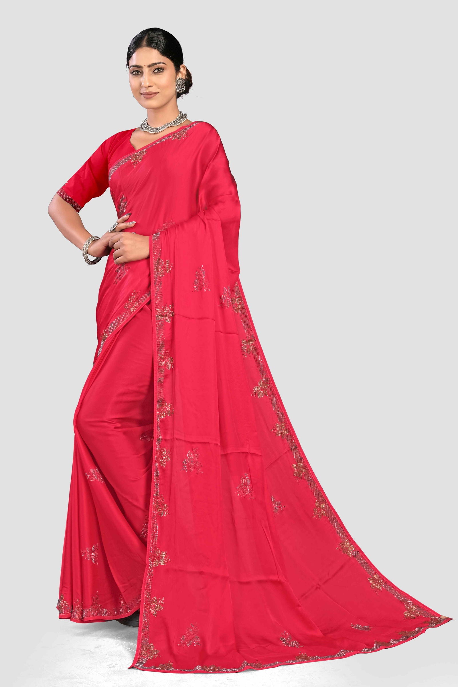 Red Stonework Satin Silk Saree - KAJREE