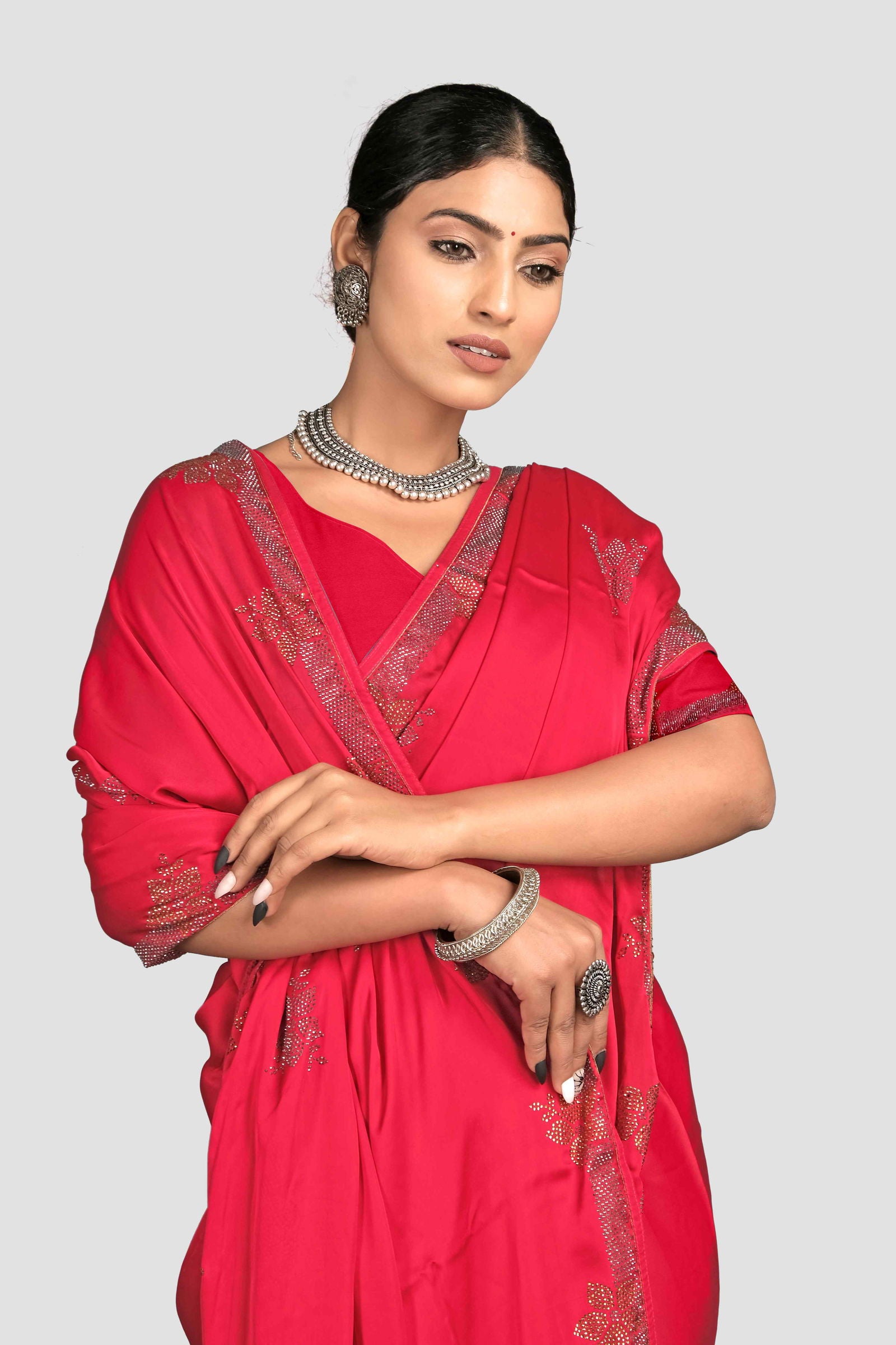 Red Stonework Satin Silk Saree - KAJREE