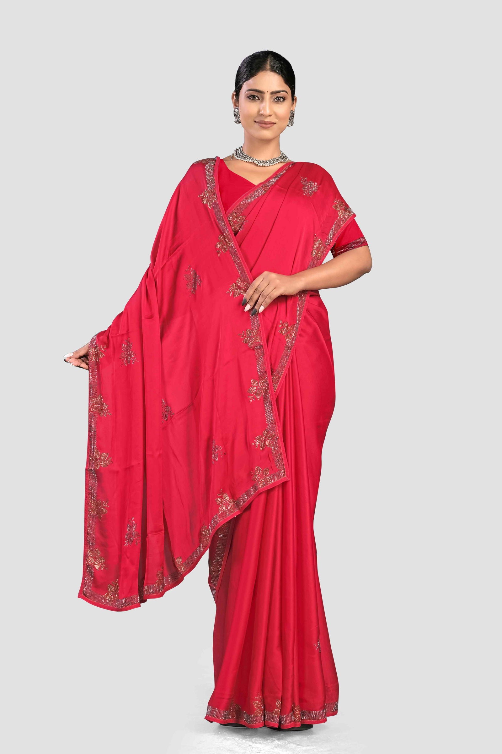 Red Stonework Satin Silk Saree - KAJREE