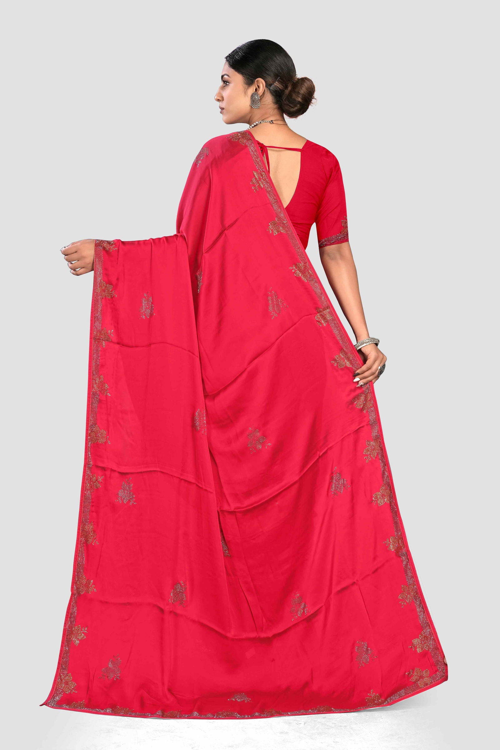 Red Stonework Satin Silk Saree - KAJREE