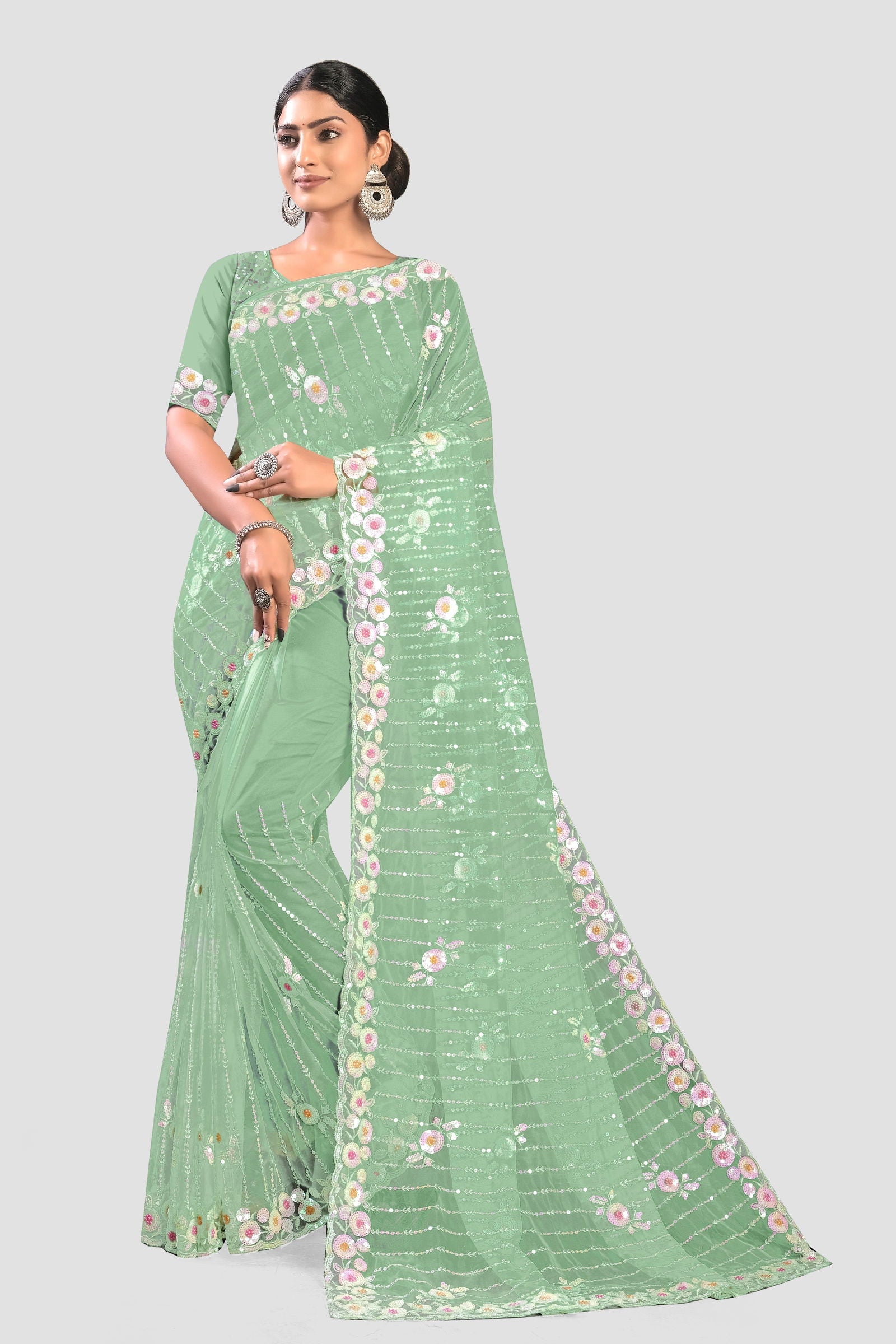Green Stonework Net Saree - KAJREE
