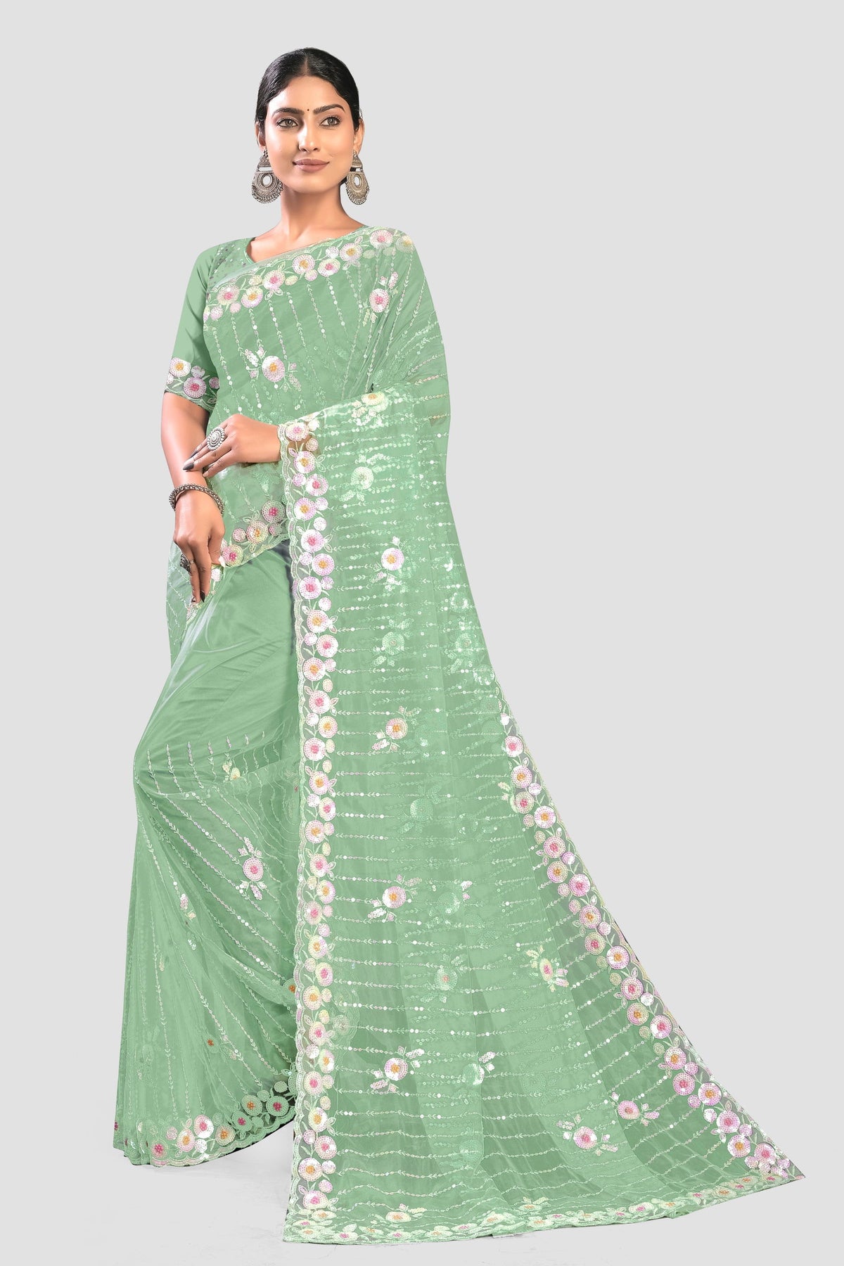 Green Stonework Net Saree - KAJREE
