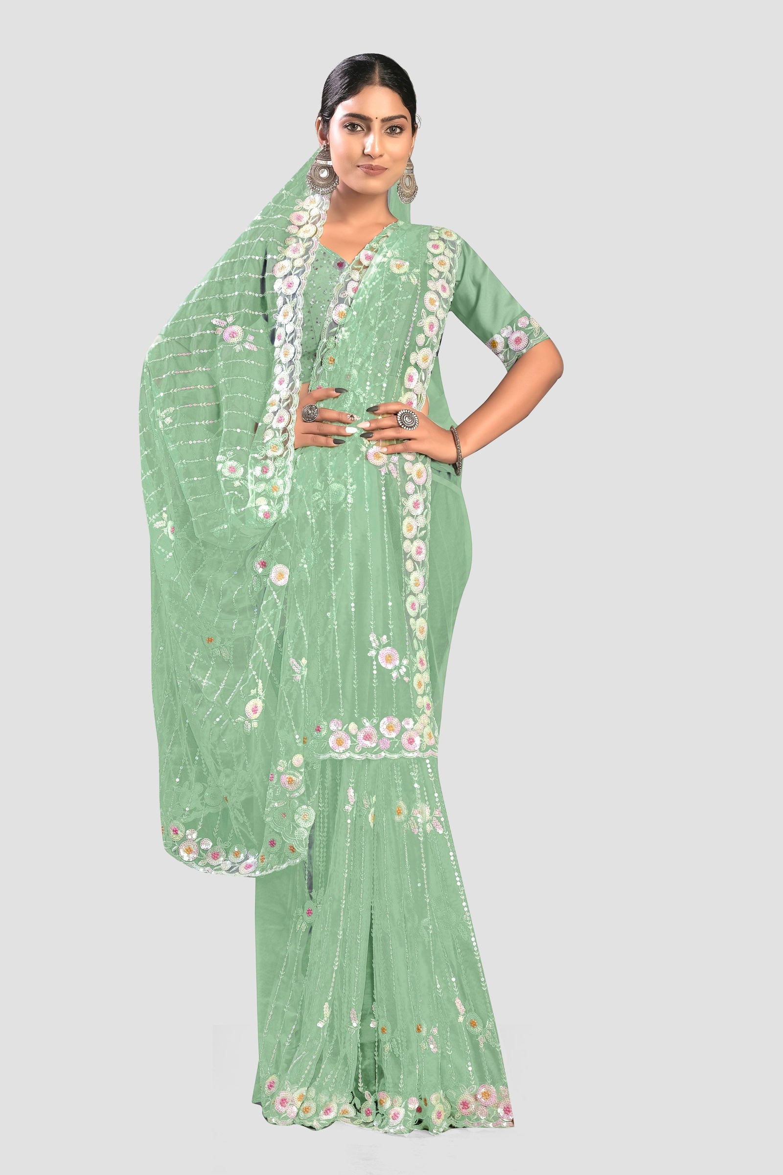 Green Stonework Net Saree - KAJREE