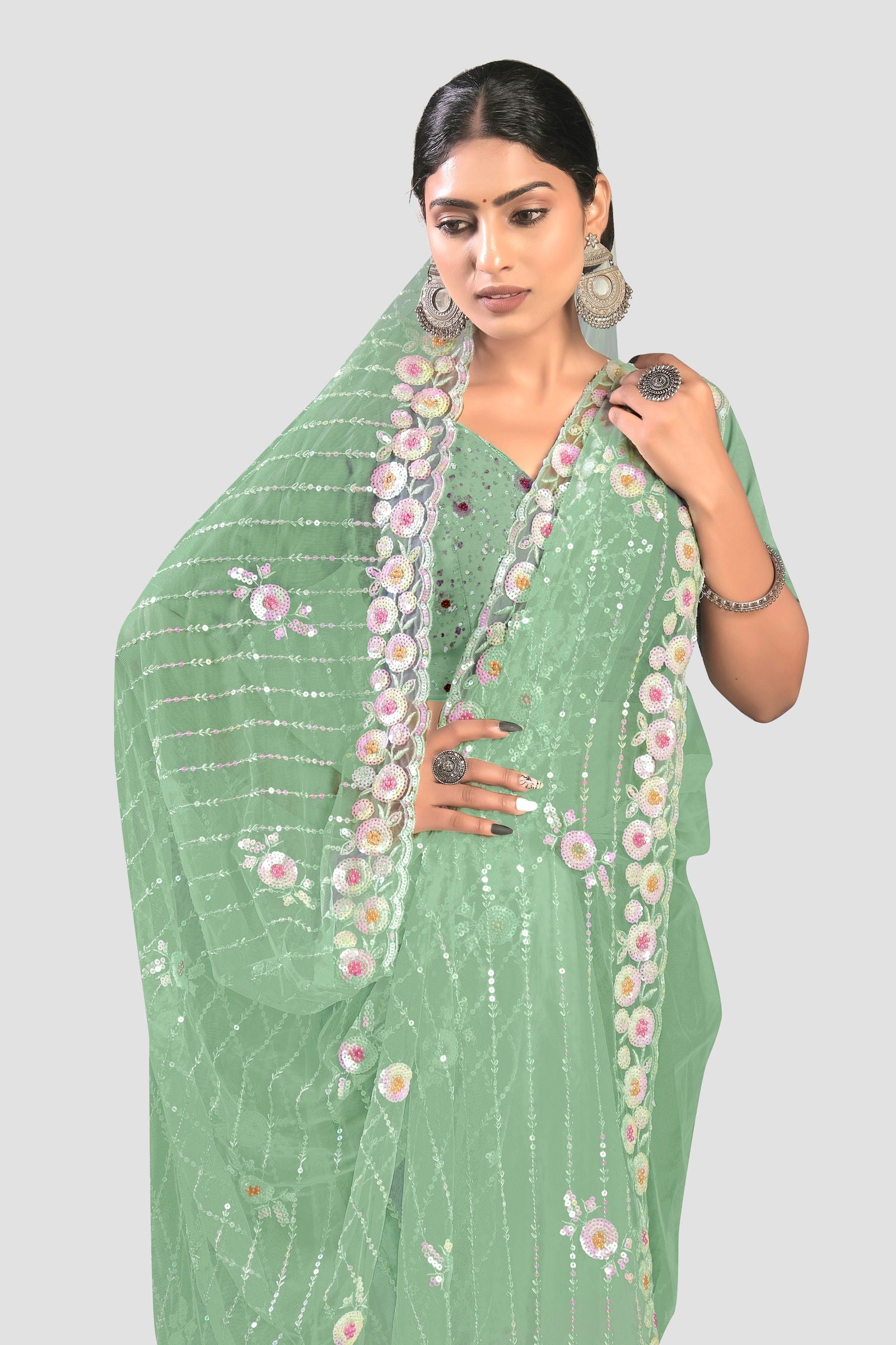 Green Stonework Net Saree - KAJREE