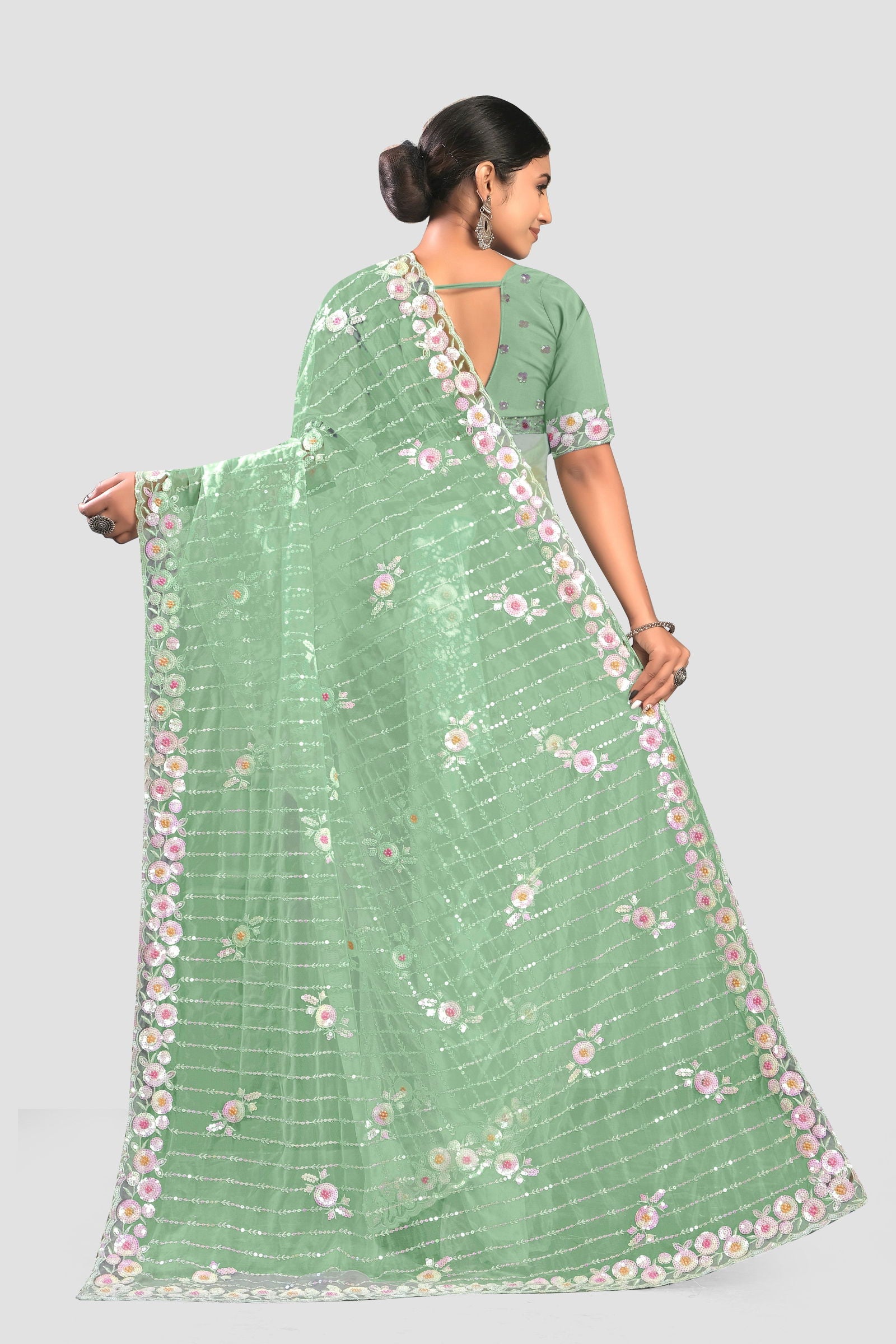 Green Stonework Net Saree - KAJREE